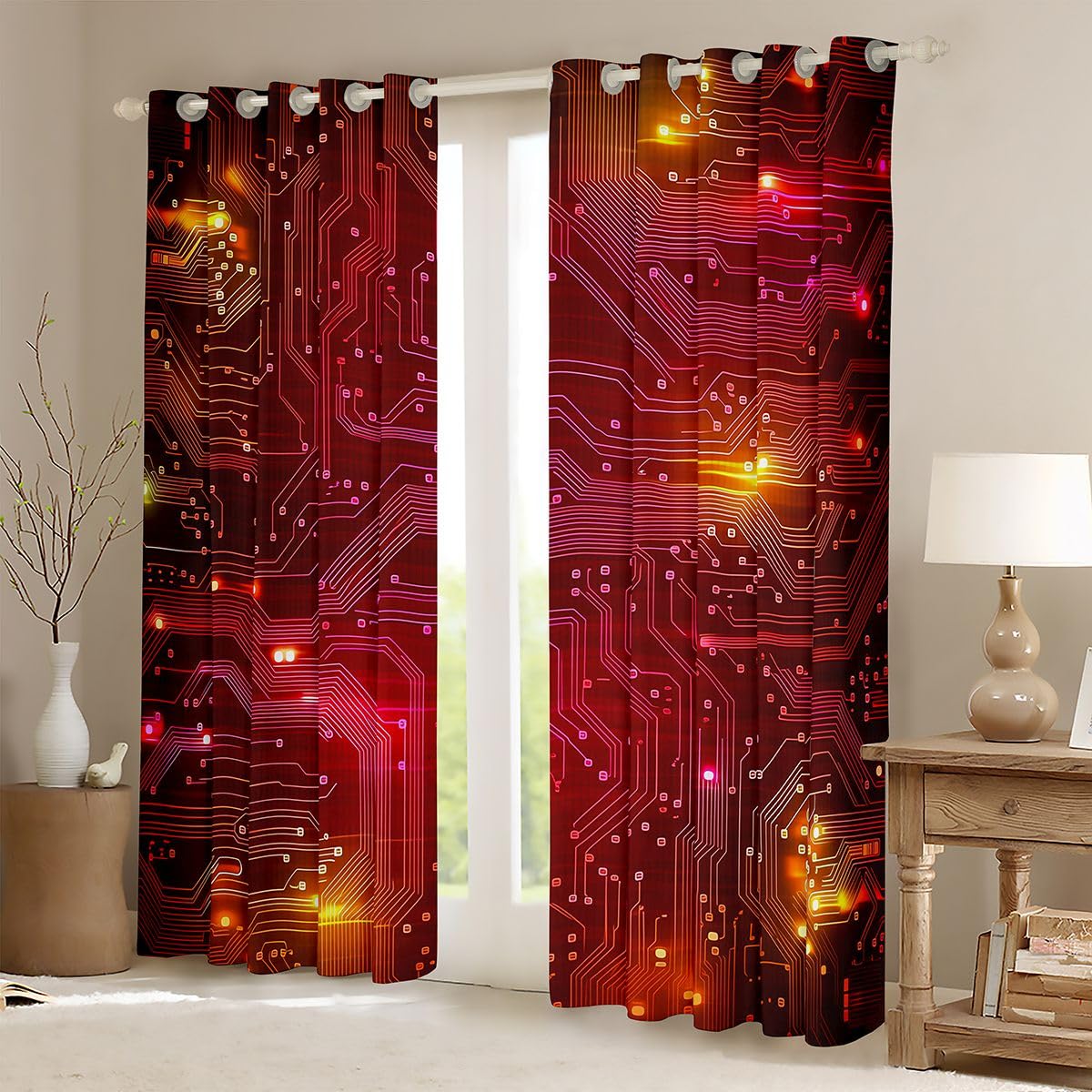 Homewish Rideau Occultant 117x183 cm Rayures Luminescentes Jaune Rose Rideau Circuit Imprimé Géométrique Néon Rideaux Voilage Lignes Dégradées Voilage Fenetre Géométrique Scintillant Tendance