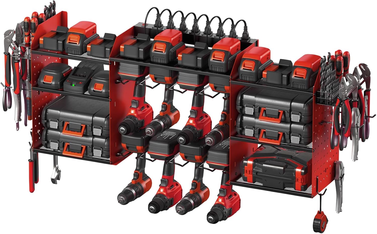CCCEI Red Large Tools Organizer Wall Mount Charging Station, 39 Inch Long Power Tool Battery Storage Rack with 10FT Power Strip. 8 Drill Holder, Garage Utility Shelves. Pegboard Hanging Extension. Red 10FT Cord