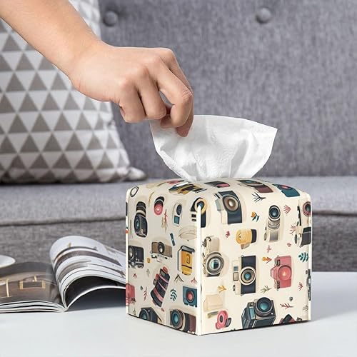 Miniatura 5 de Decorative Tissue Box Cover Square - Retro Camera Print Leather Cube Tissue Box Holder Paper Case, Organizer Dispenser for Modern Home &
