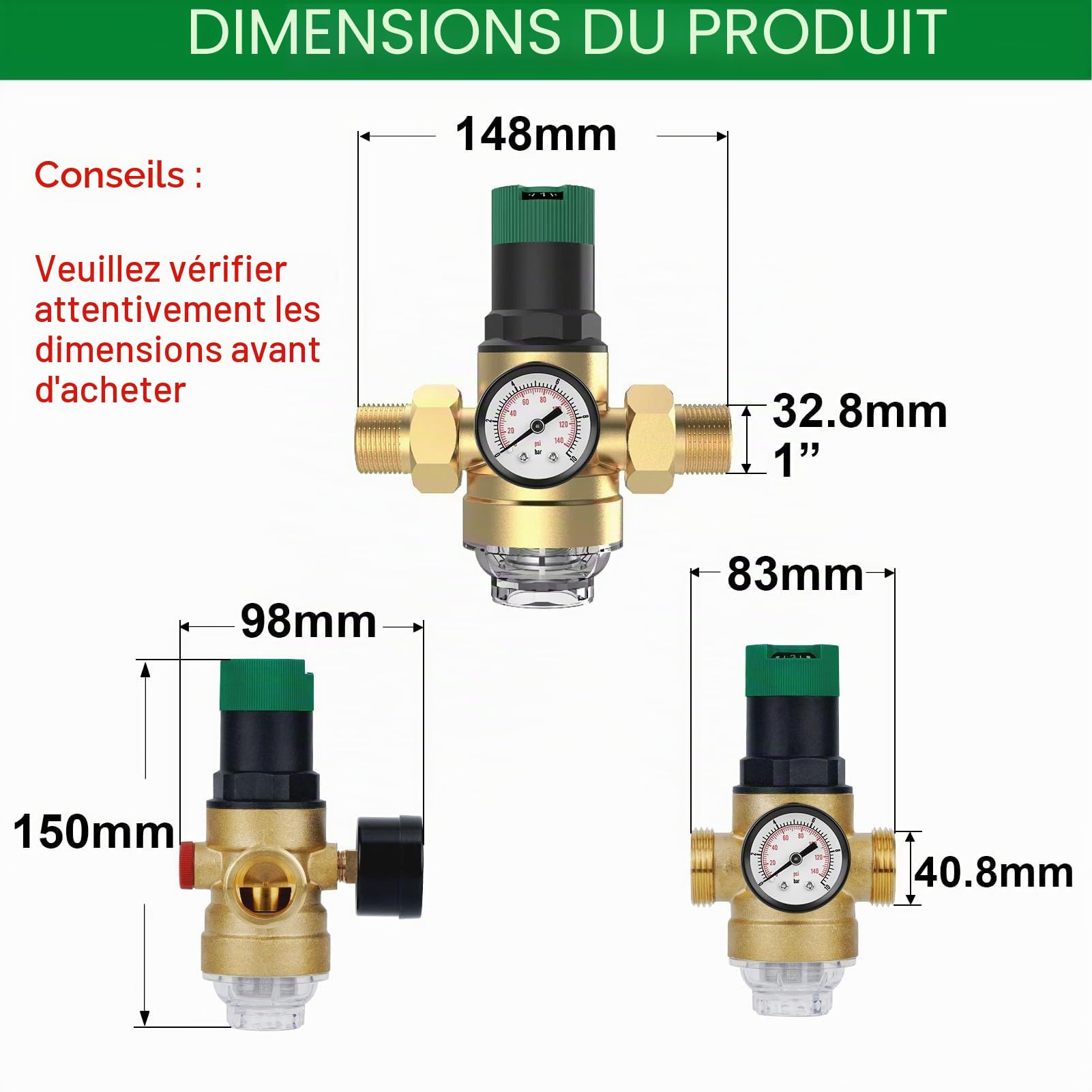 Reducteur de Pression Eau, 1" Limiteur de Pression Avec Manometre Pression Eau Et Filtre à Mailles, Réducteur de Pression d'eau Fabriqué en Laiton Haute Dureté