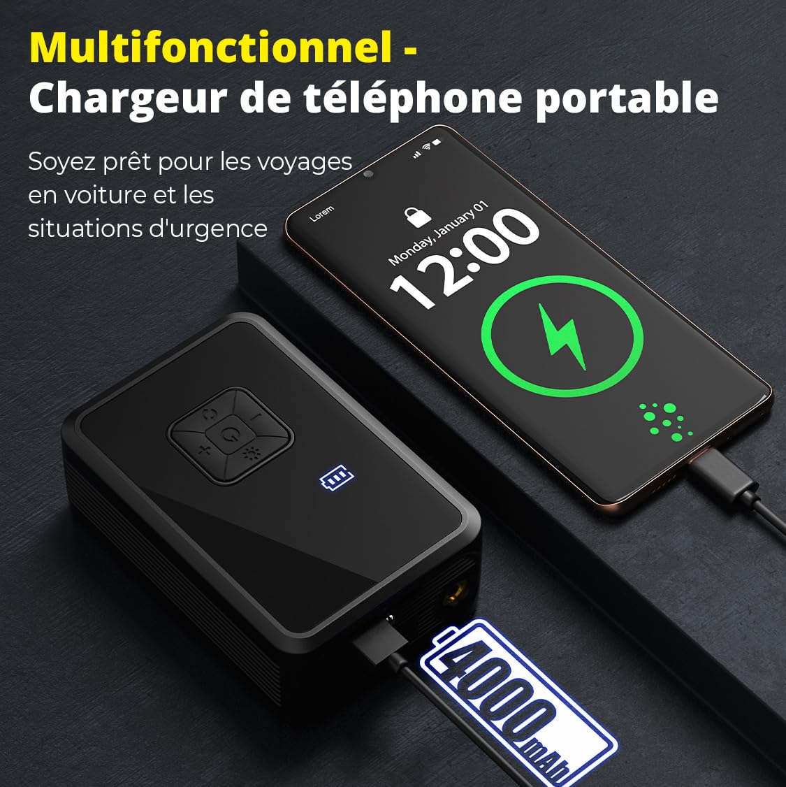Oasser Gonfleur Pneus Voiture sans Fil Mini Compresseur à Air Portatif 150 PSI (10,3 Bar) Inflation Rapide Cylindre 17 mm Type-C USB Charge avec Tuyau de 30 cm et Sac de Rangement