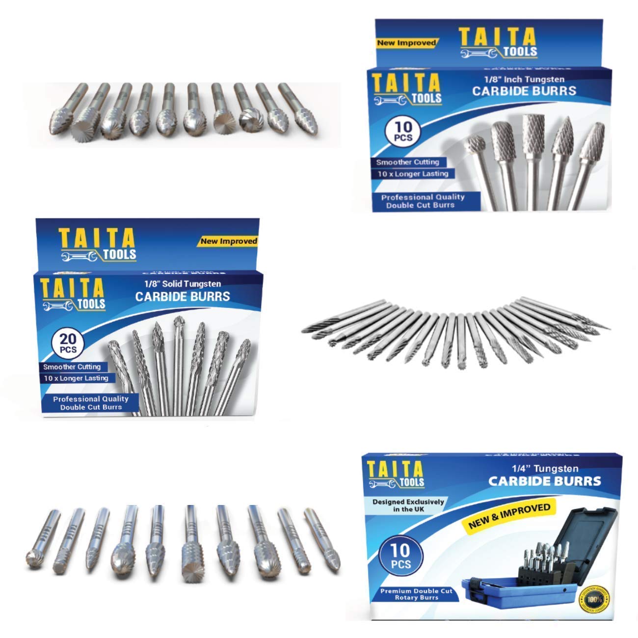 3 x Professional Tungsten Carbide Burr Gift Set - 1/4" 10pc Set and 1/8" 10pc Set and 1/8" 20pc set Bundle