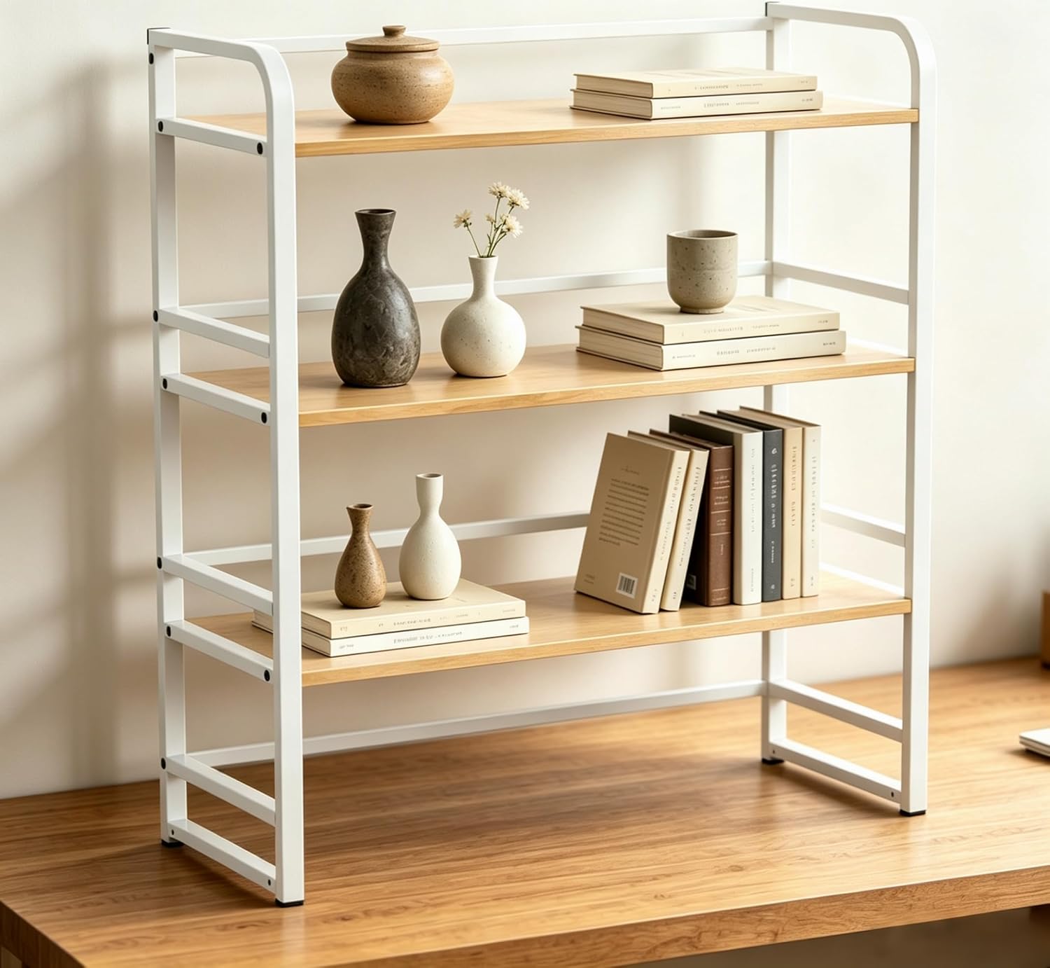 Office Desk Shelf Organizer, Wood Desktop Bookshelf Supplies Storage Rack, Shelf for Top of Desk and Dresser and Cubicle Decor Aesthetic Bookshelf (White Wood, Three Tier, 15.75Lx7.87Wx22.05H)