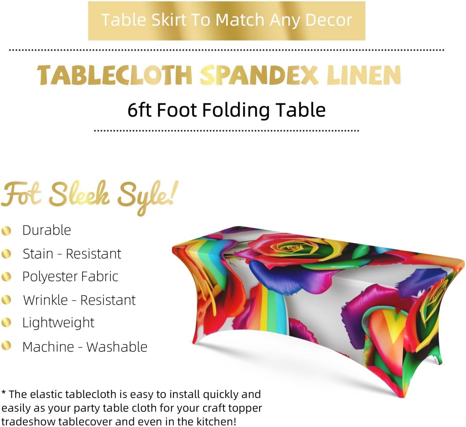 Rainbow Rose Flower Print Table Cover Rectangular Tablecloth for 6-Foot Tables for Wedding Banquets Outdoor