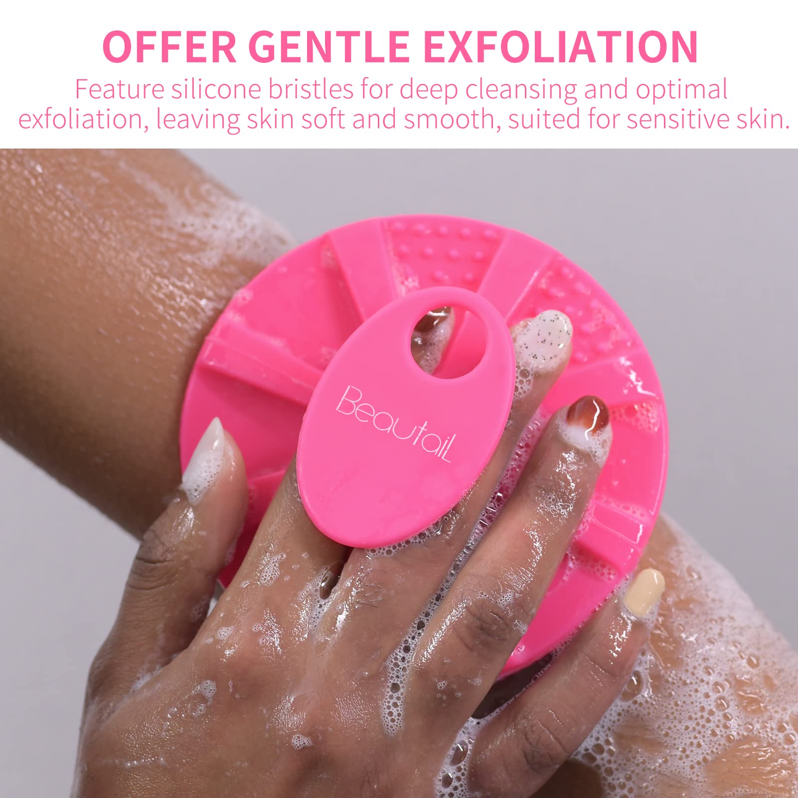 BEAUTAIL Silicone Body Scrubber Shower Bath Brush, More Hygienic Than Traditional Loofah, Lather Nicely, Long Lasting, Gentle Exfoliating for Women Men Baby Sensitive Skin, 1 Pack, Rose 1