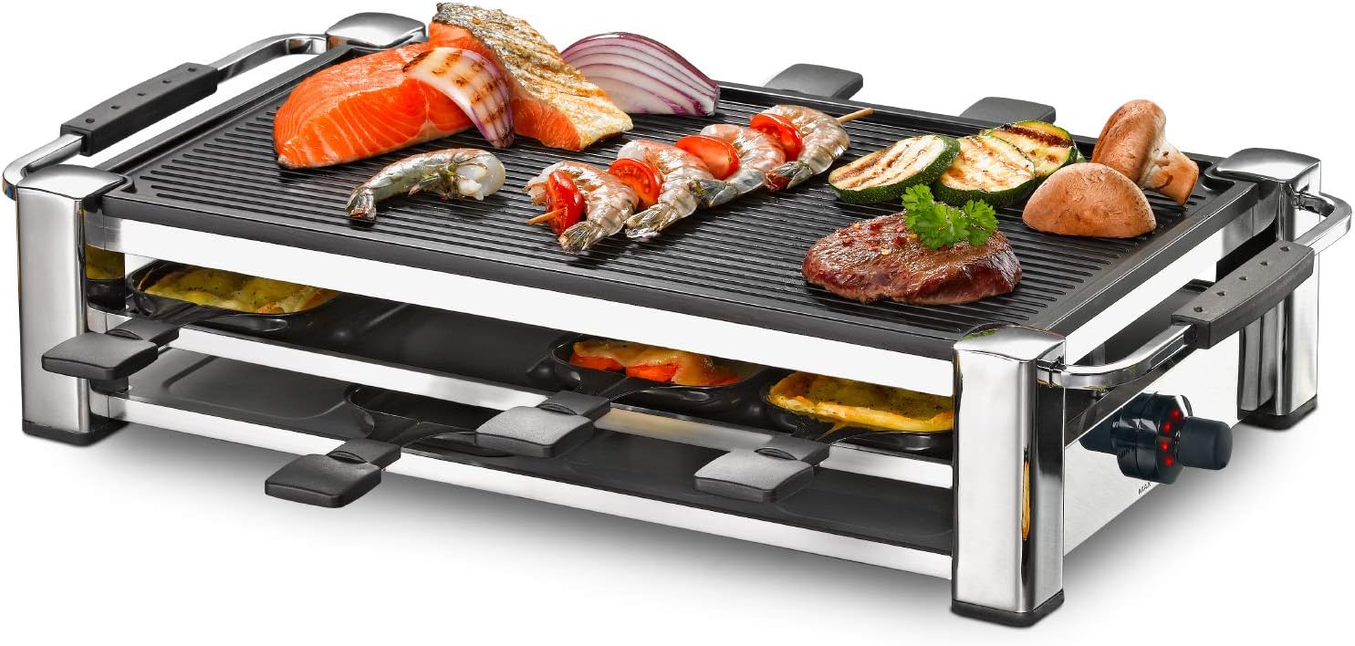 Rommelsbacher Raclette Grill - Fashion - Silver Modern Black - Aluminum Chrome - 8 Pans - Variable Temp with LED & Parking Deck