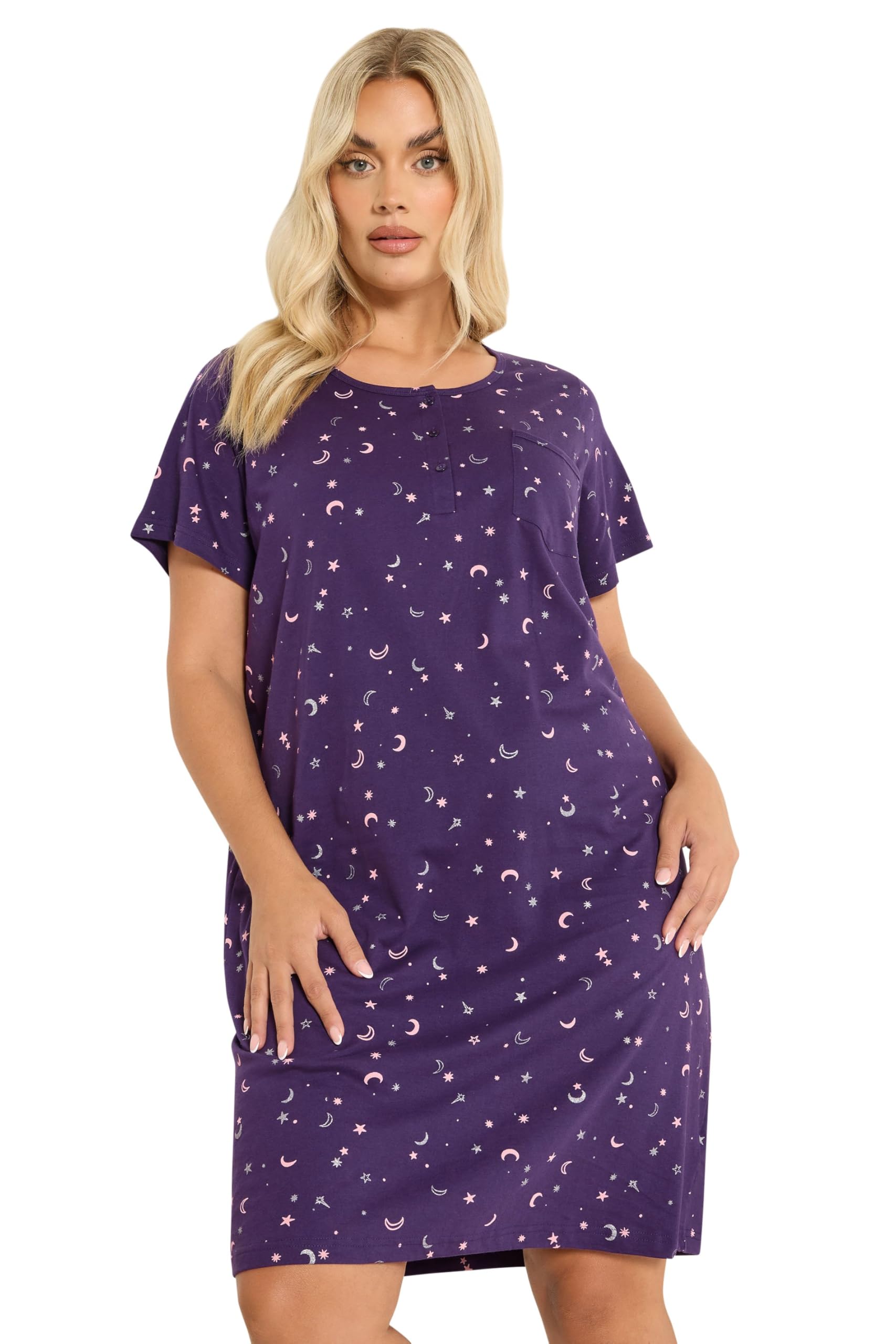 Purple Yours Curve Moon Print Placket Nightdress