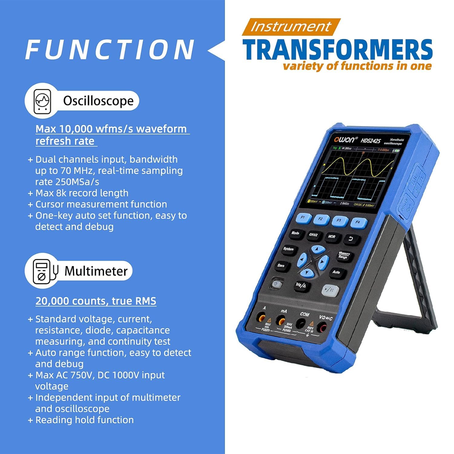OWON HDS242S Oscilloscopio 3 in 1 Oscilloscopio per PC portatile professionale da 40 MHz, multimetro digitale da 20000 conteggi Display LCD da 3,5 pollici Strumento di test universale