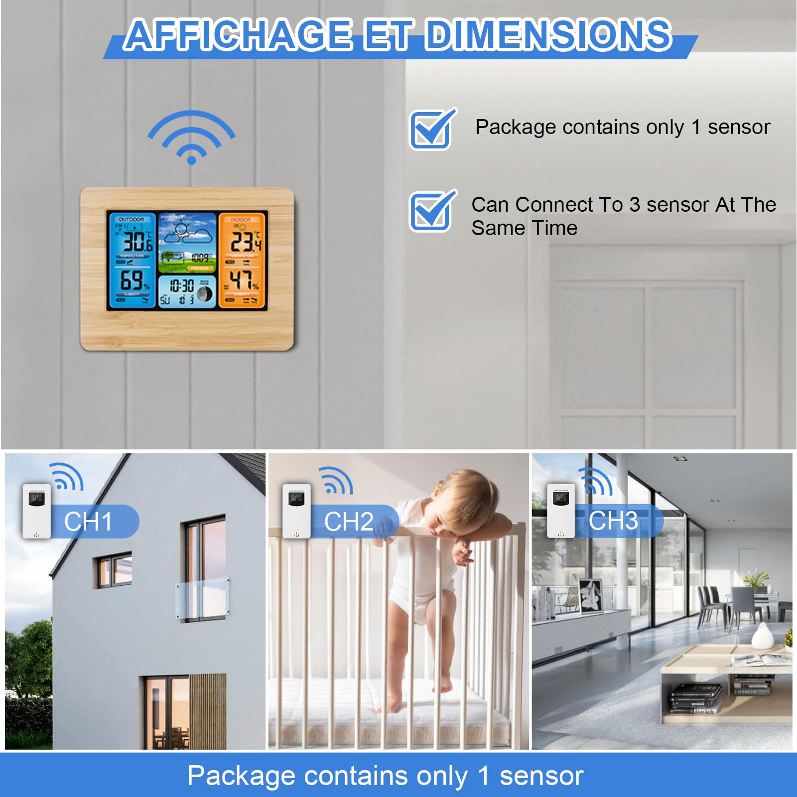Stazione Meteorologica Con Sensore Wireless Esterno, Stazione Meteorologica Digitale per La Casa- Stazioni Meteorologiche Digitali Lcd Con Allarme E Temperatura/Umidità//Fase Lunare/Sveglia/Data Ora