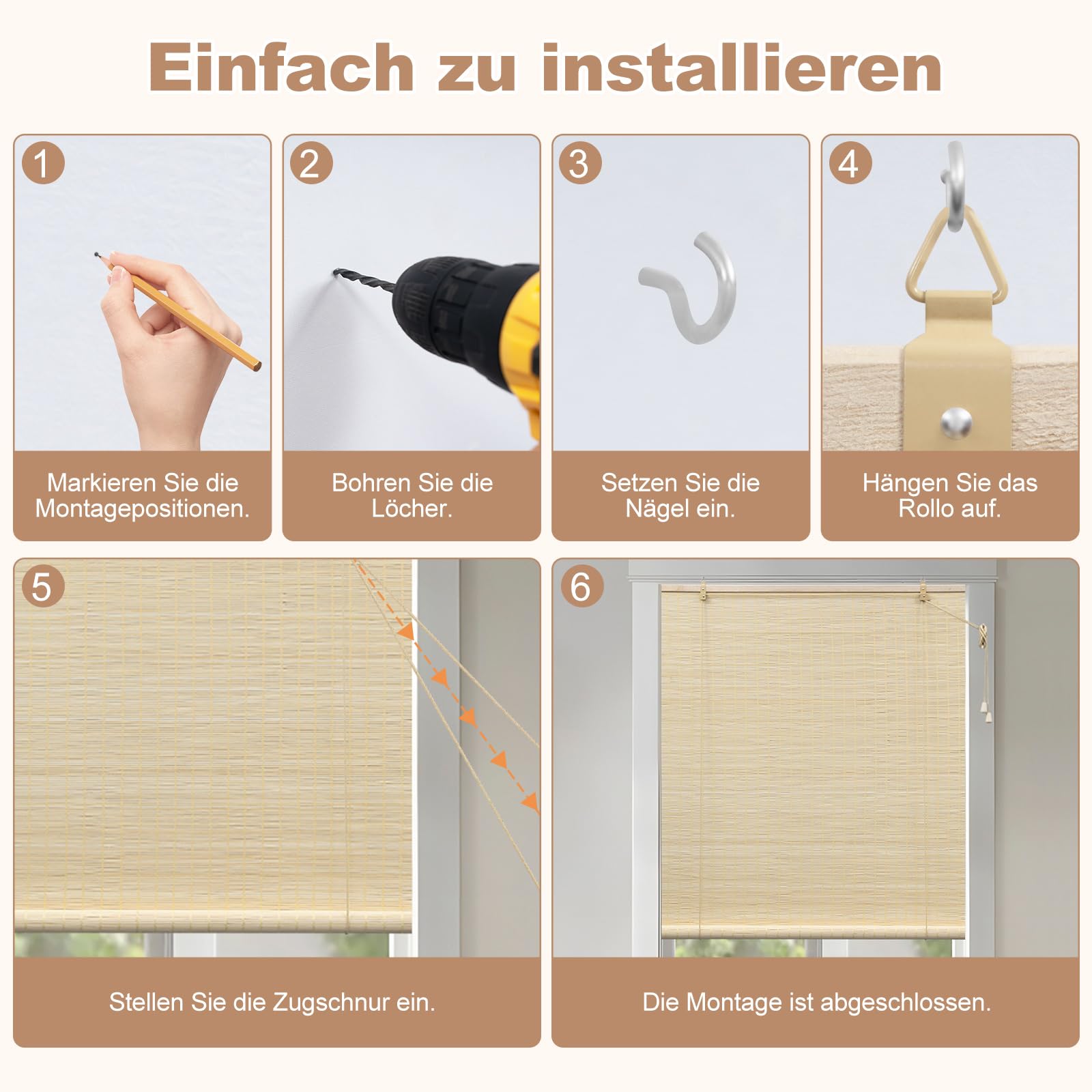WOLTU Tenda a Rullo in Bambù, Protezione Solare, Protezione della Privacy, Oscurante da Interno a Rullo per Finestra/Porta, Tenda di Ventilazione, Naturale, 100x220 cm