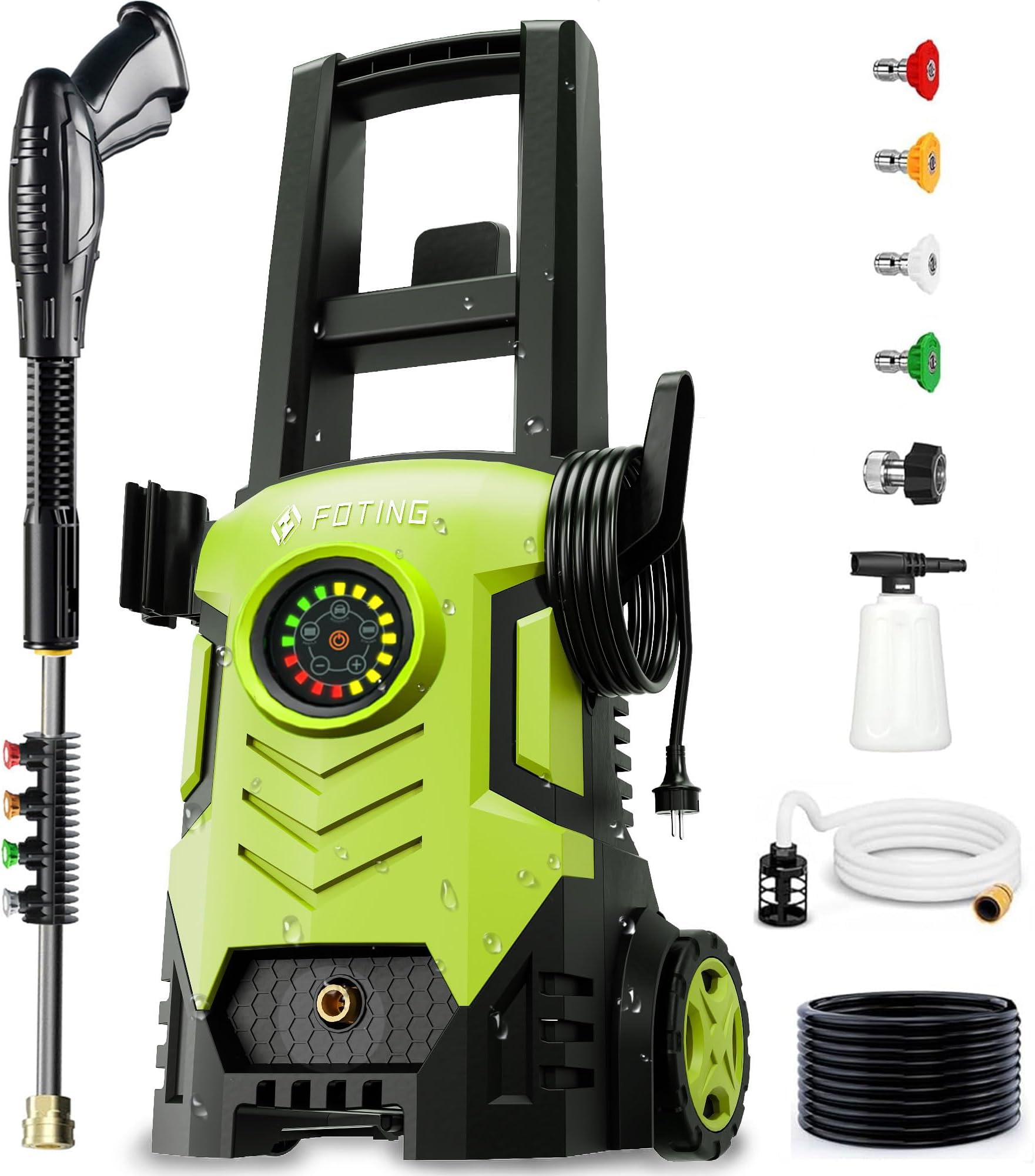 FOTING Pressure Washer with Adjustable Touch Screen 8 Level, 4 Quick Connect Nozzles,Inlet Hose&Filter&Foam Cannon for Cars/Fences/Driveways/Home Cleaning,Green