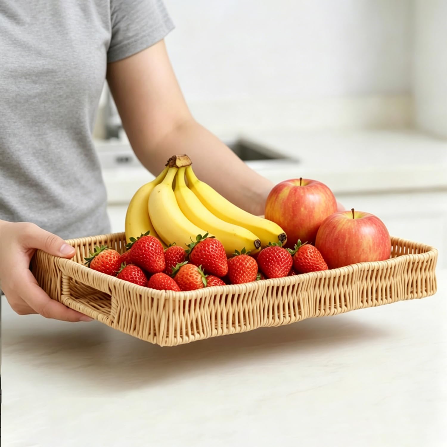 Bandeja rectangular con borde ondulado y asas, bandejas tejidas a mano