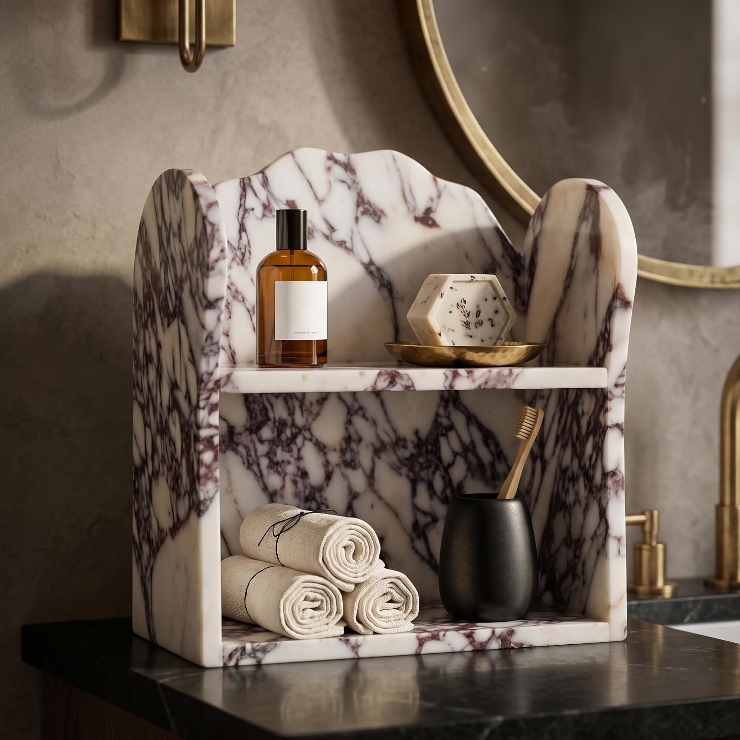 Marble Shelf Organizer, 2 Tier Calacatta Viola Vanity Shelf for Counter image 2