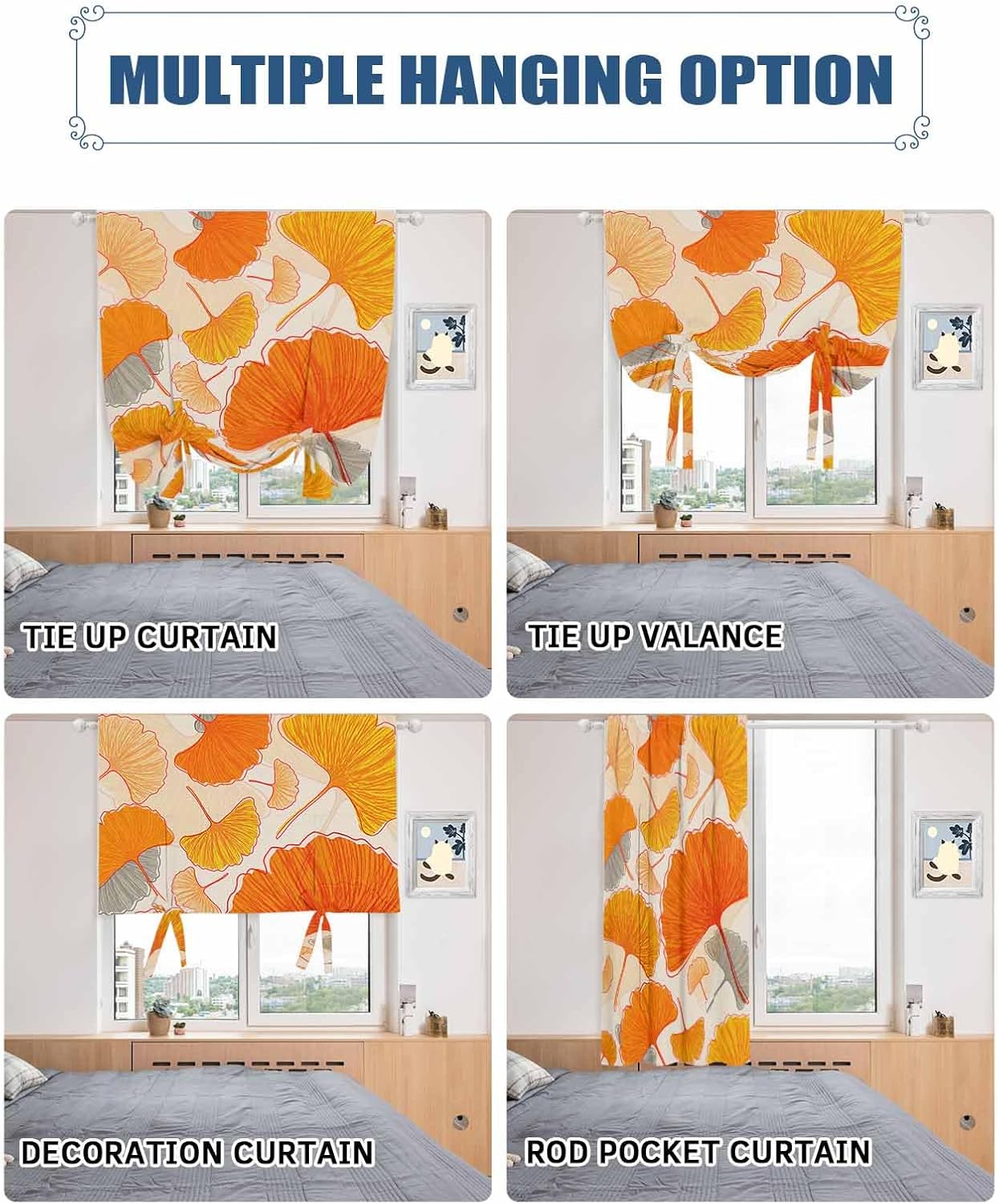 Tie Up Valance Curtain for Kitchen Windows, Autumn Orange Ginkgo Biloba Plant Leaves Adjustable Rod Pocket Curtains, Window Treatments Valance Drapes for Bedroom Bathroom,42x45in