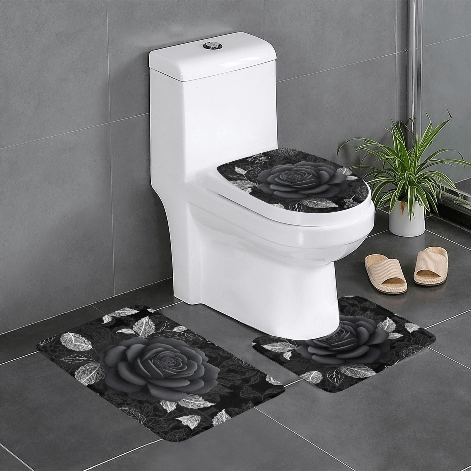 Tapis de sol en flanelle absorbante lot de 3 avec motif rose noire pour salle de bain 61x41 cm