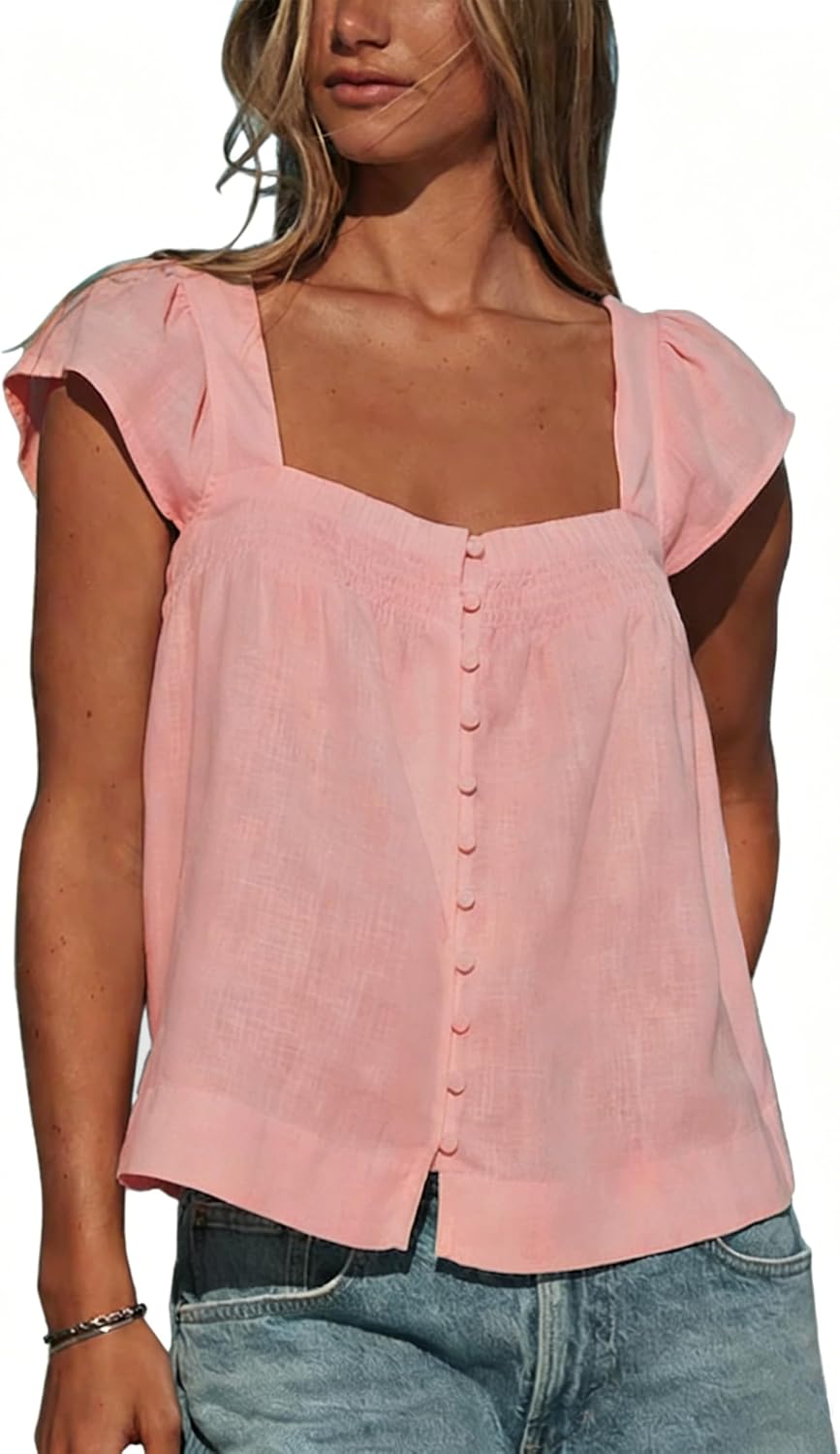 Lumister Cotton Linen Tops for Womens Square Neck Flutter Sleeve Lightweight Casual Shirt for Summer
