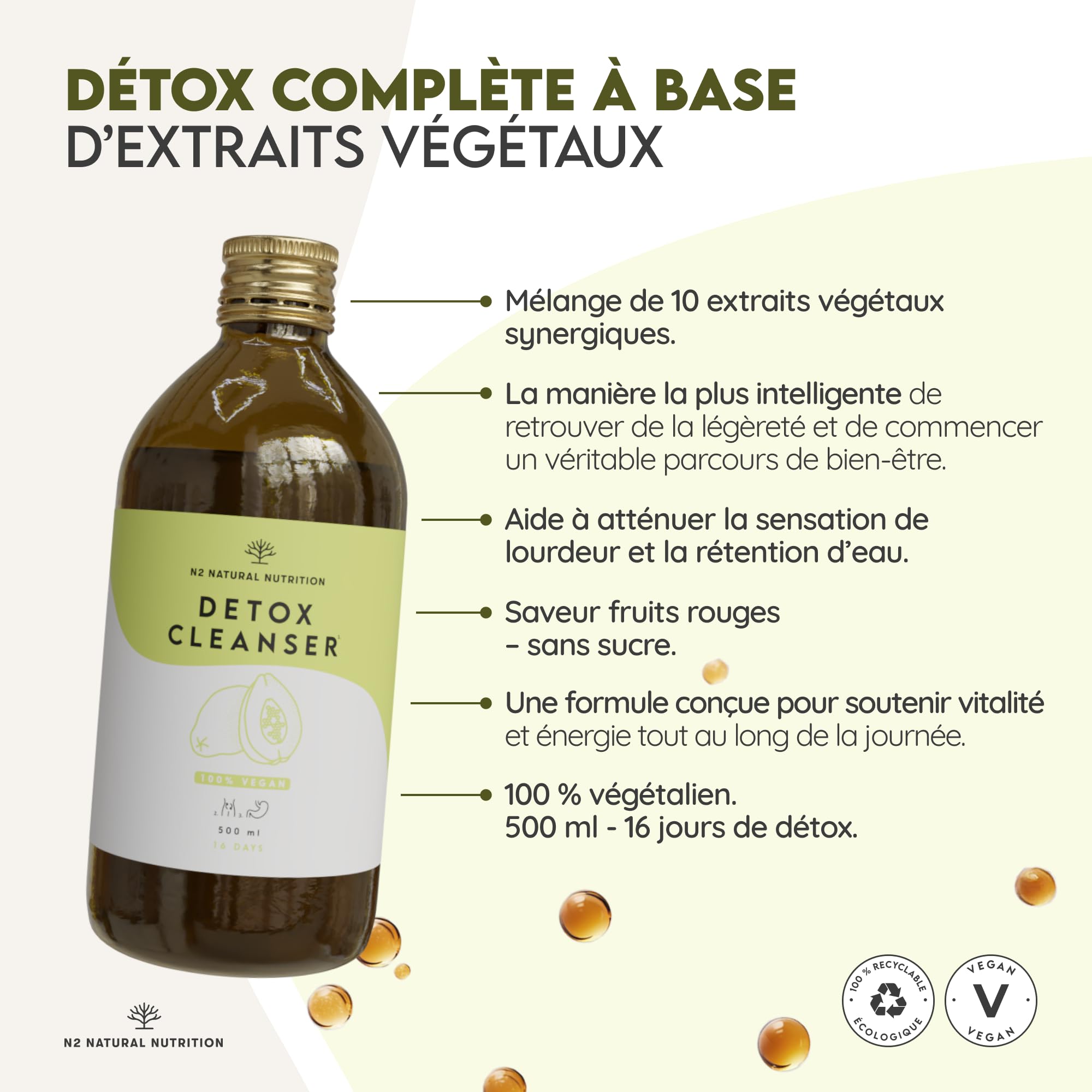 DÉTOX. Formule liquide avec Thé Vert, Pissenlit, Guarana, Papaye, Thé de Java, Maté, Groseiller Noir, Rhubarbe. 500 ml. Formule naturelle, VEGAN. CE. N2 Natural Nutrition