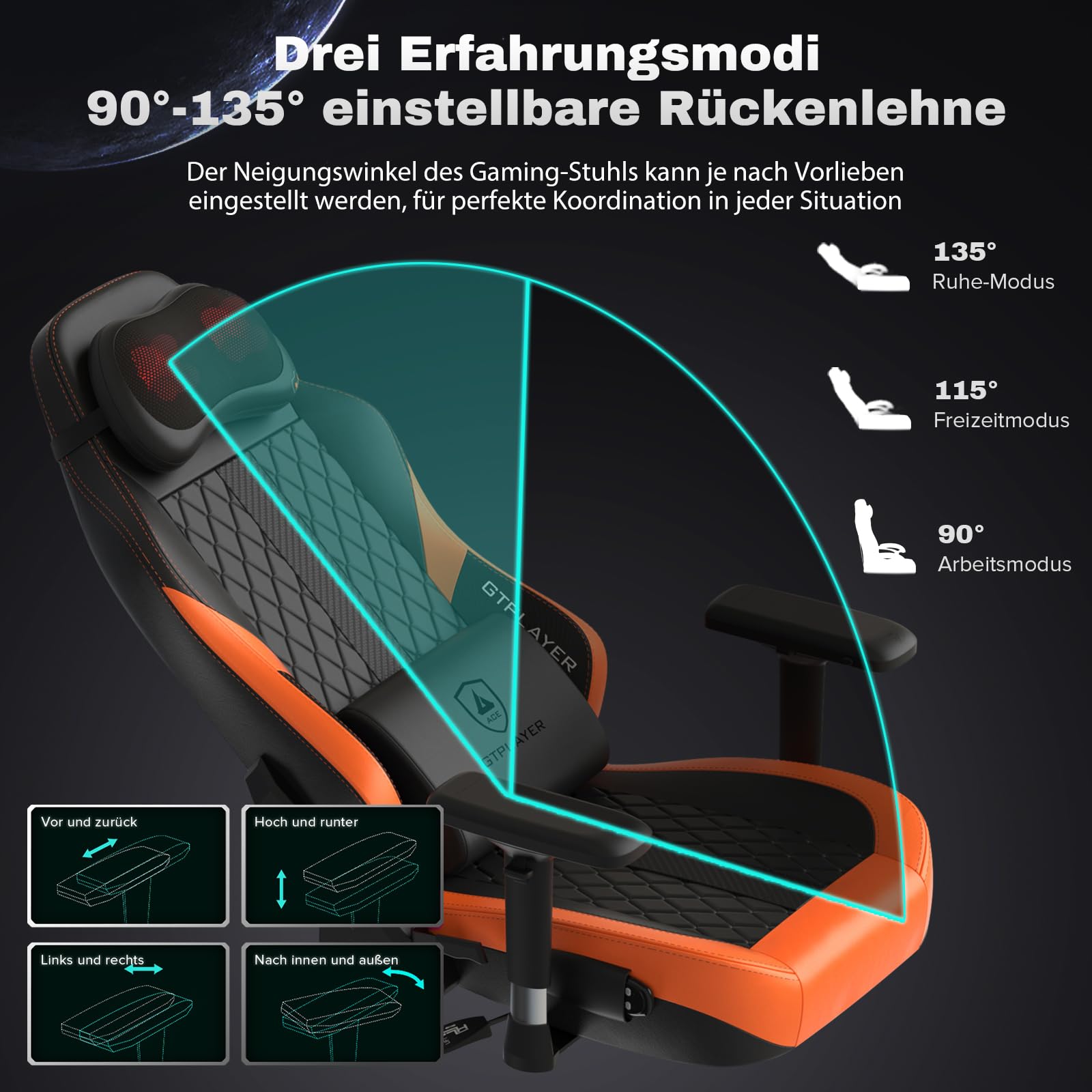 GTPLAYER Gaming Stuhl mit Massage, Gamer Stuhl mit Taschenfederkissen Fußstütze, Ergonomischer Gaming Sessel Bürostuhl 4D Armlehnen,Orange