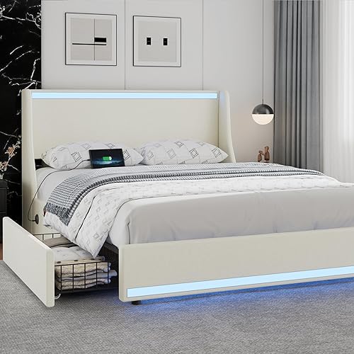 Miniatura 32 de VECELO Full Size Bed Frame with Storage Drawers, Upholstered Platform Bedframe with Wingback Headboard, No Box Spring Needed, Light Grey Gris