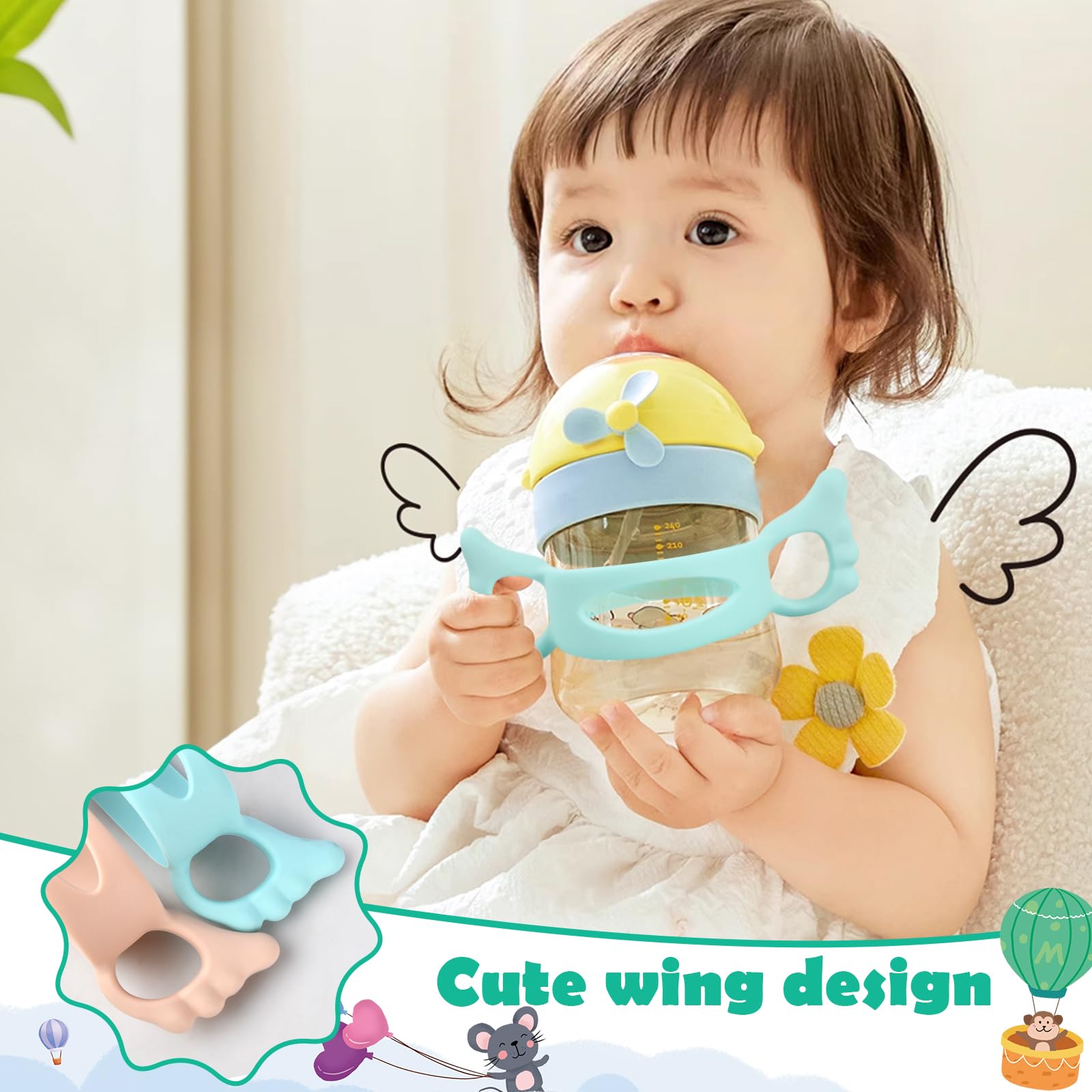 2 Pezzi Manico per Biberon, Maniglia per Biberon in Silicone, Manici Biberon a Collo Largo, Facile Installazione Bambini Manici per Bottiglie, Impugnatura Biberon per Bambini con Design a Presa