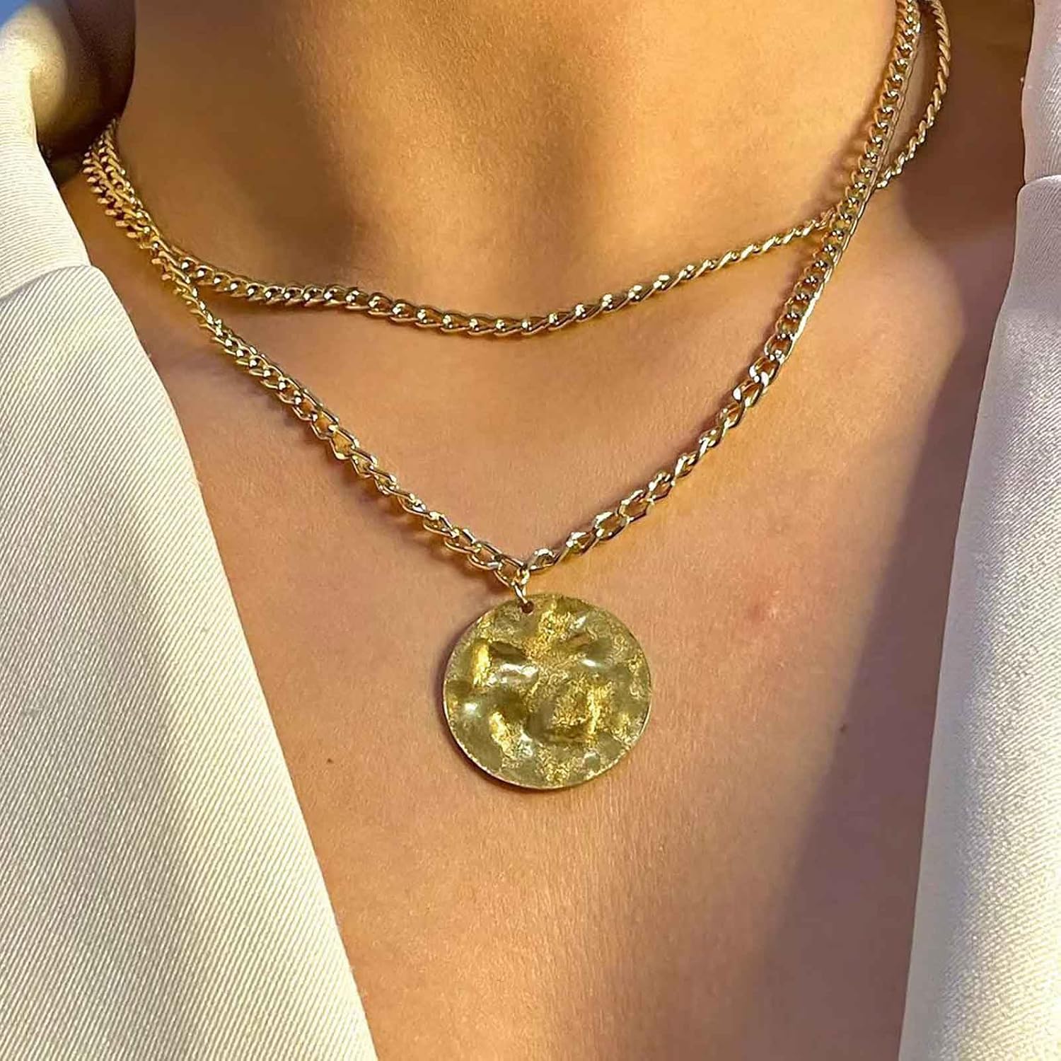 Andelaisi Boho Layered Disc Coin Choker Necklace Hammered Coin Pendant Necklace Large Coin Collar Necklace Choker Vintage Metal Coin Necklace Chain for Women - Image 2