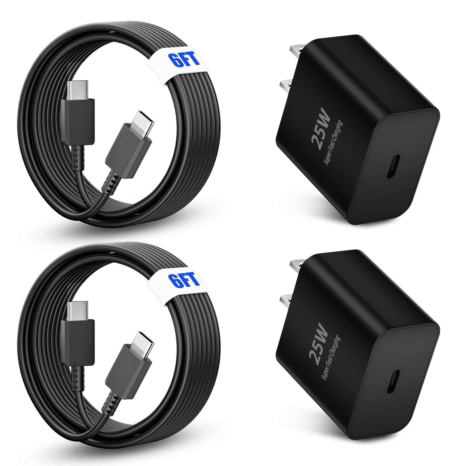25W Type C Super Fast Charger,Fast Charger USB C with 2 Pcs 6FT Android Charger Cable Cord Suitable for Samsung Galaxy S25/S24 S23 S22 S21 Ultra/S20/S20 Ultra/Note 20 Ultra (25 W Black)