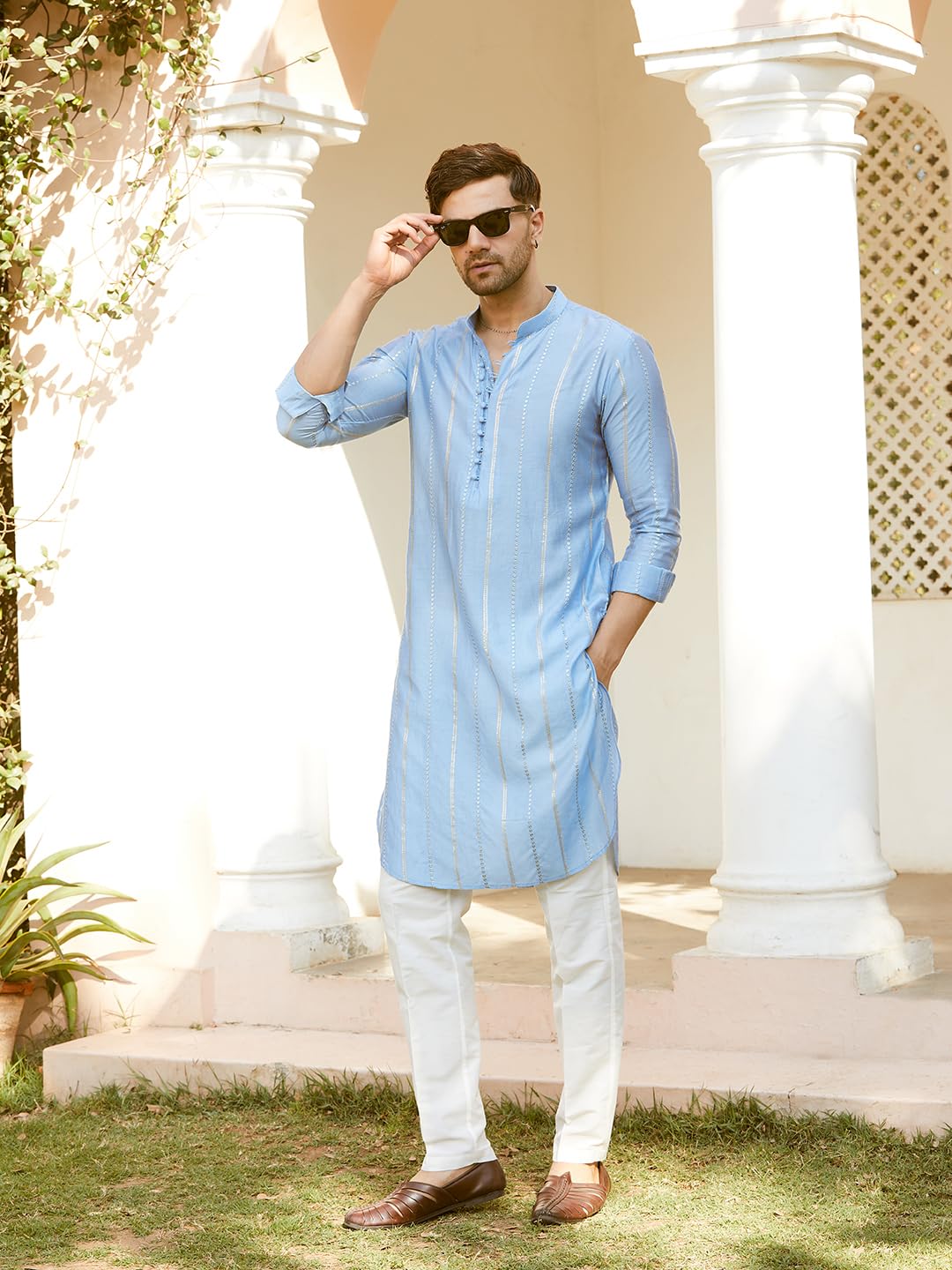 See Designs Men Full Sleeve Turquoise Blue Chanderi Silk Sequins Mandarin Collar Side Slit Kurta with Pyjama - SDMKT144401XXL - Image 6 thumbnail