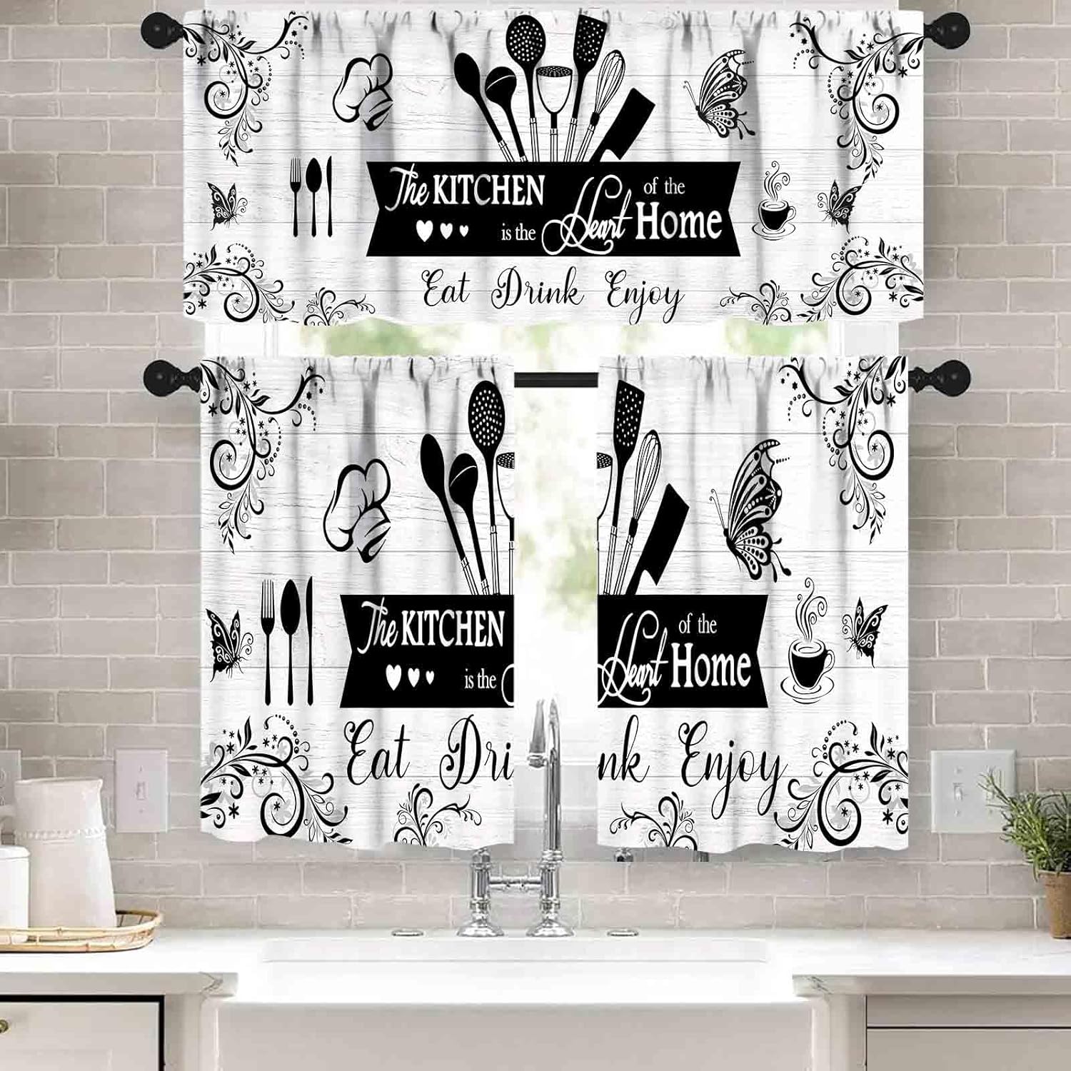 Farmhouse Rustic Kitchen Valance,Vintage Fork Spoon Cooking Theme Retro Small Short Cafe Window Curtains Barn Country Wooden Wood Plank Window Treatment Valance 3 Piece Set