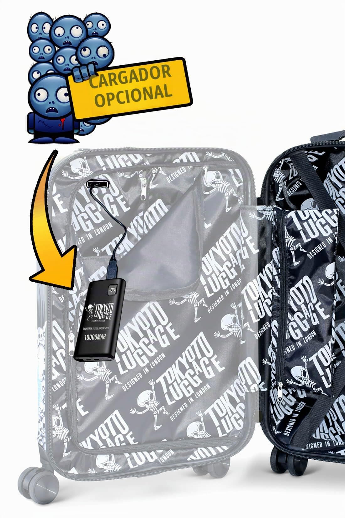 Maleta Cabina Infantil Juvenil 55x35x20 USB Blue Skulls Calaveras Mexicanas | Diseño de catrinas; equipaje juvenil infantil ligero con USB y Powerbank, 4 ruedas dobles