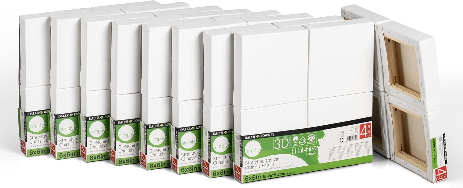 Daler-Rowney Simply… Stretched Canvas 3D Frame, Super Bulk Pack 100% Cotton, Pre-Primed, 36 Pack, 6x6, White