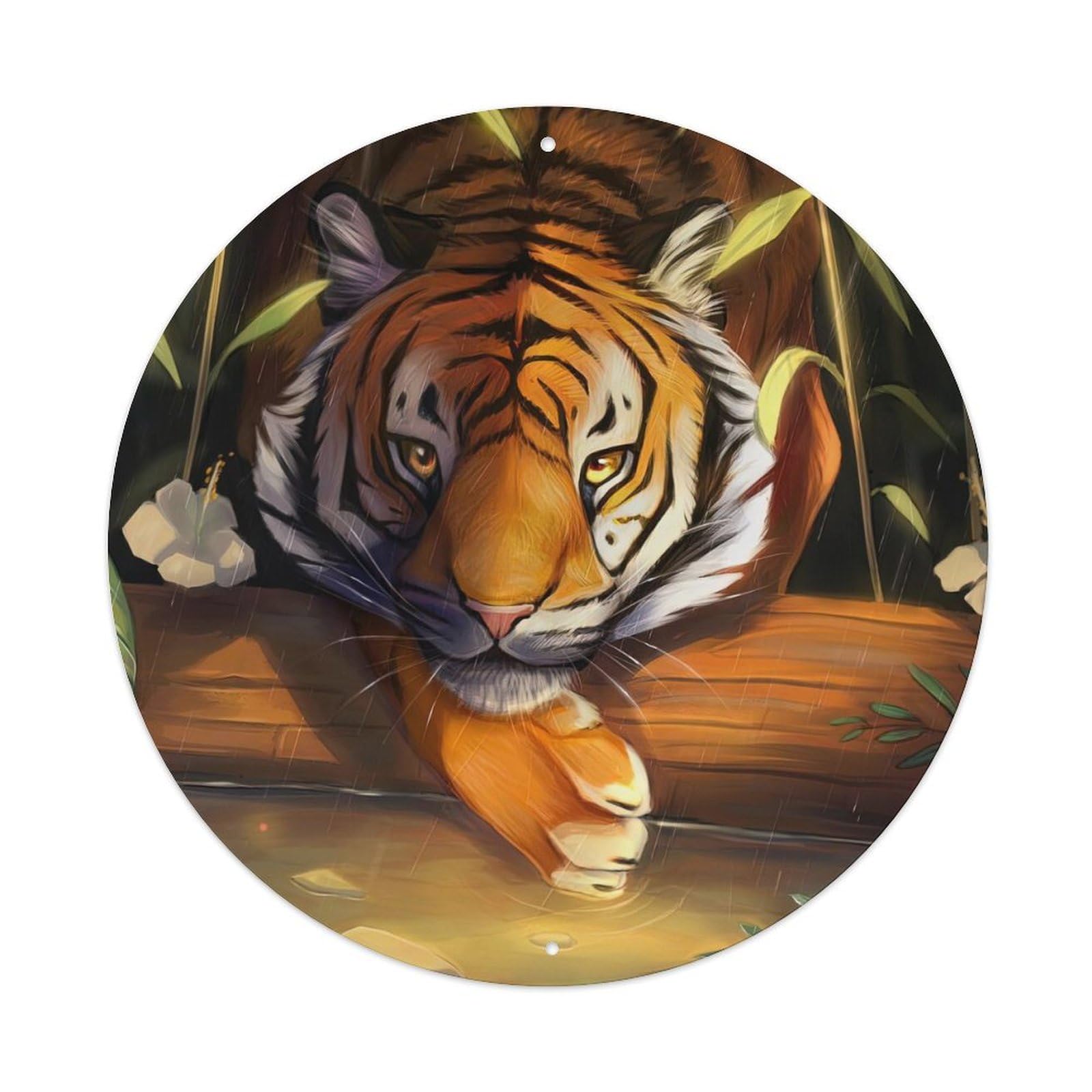 Grassland Animals Artwork Tiger Hiding from The Rain in The Jungle Vintage Metal Tin Sign Plaque Wall Decor for Cafe, Club Bar, Office, Garden Metal Poster 8x8Inch
