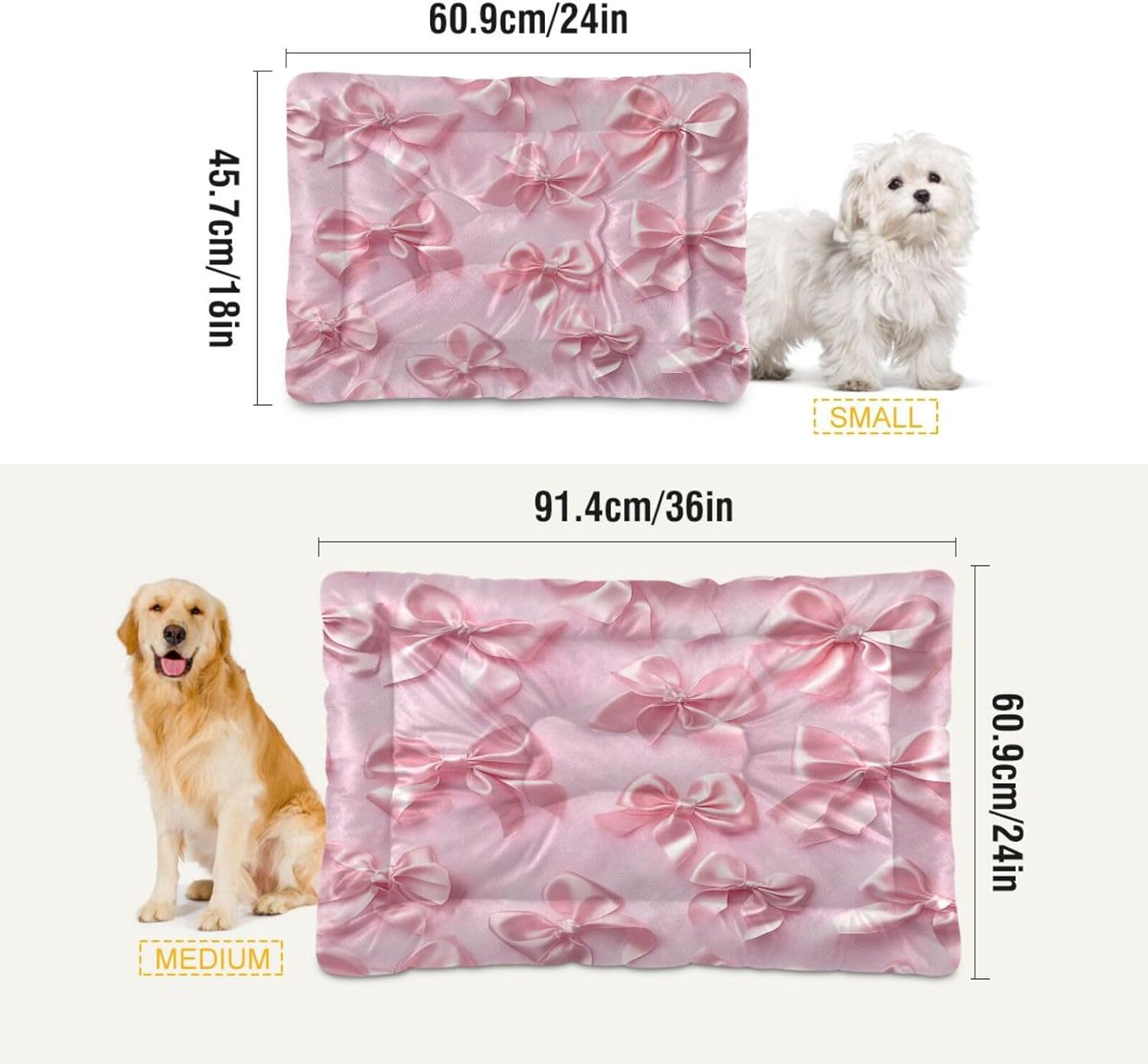 Pink Bows Pet Bed Pad Soft Dog Bed Mat with Anti-Slip Bottom, Machine Washable Crate Pad Mattress for Dog Sleeping- 36 * 24 inches