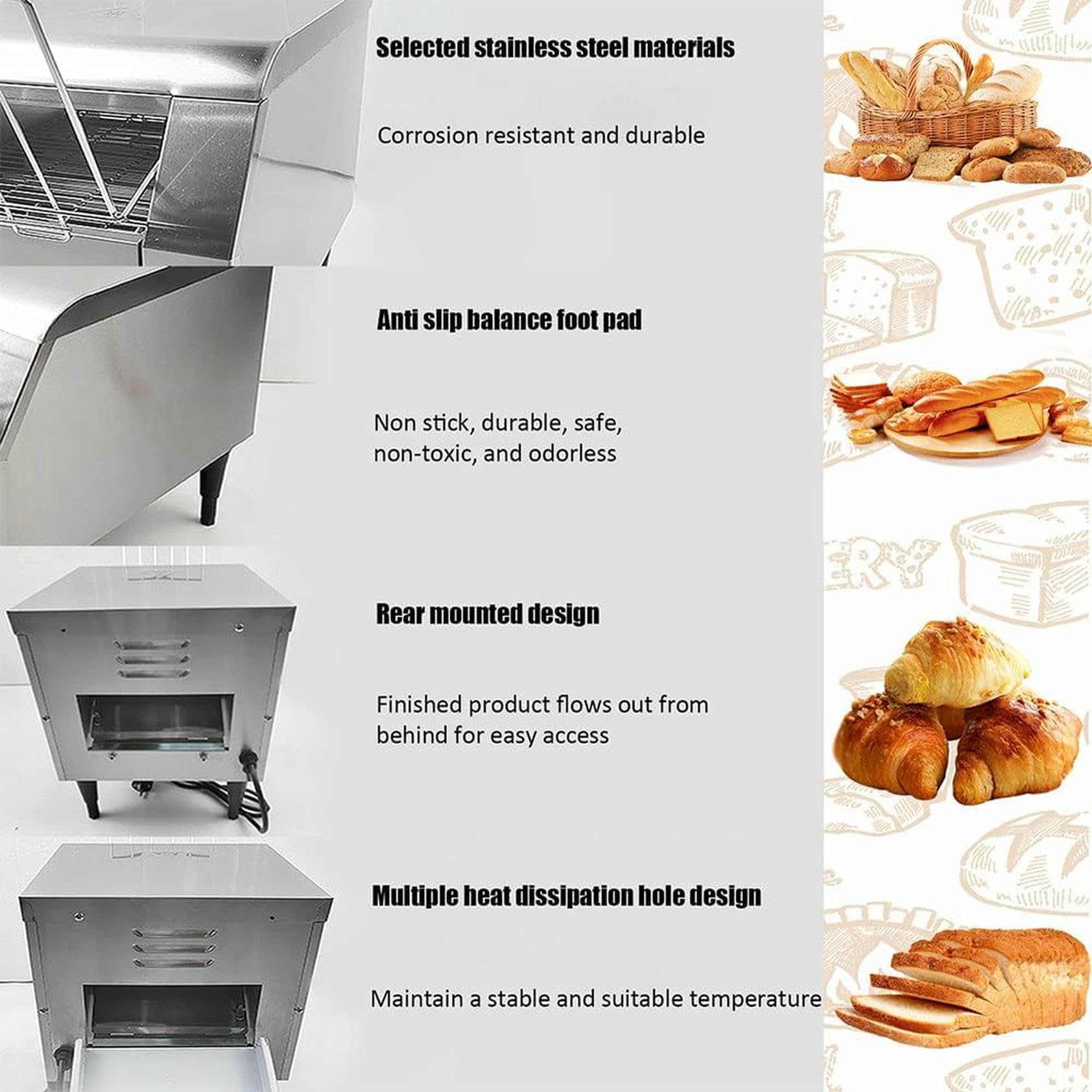 CNPRAZ Tostadora de Cinta transportadora Comercial Tostadora de Cinta transportadora para Catering Máquina de Pan eléctrica de 2240 W 150/300/450 Piezas/h Horno Tostador automático Contro