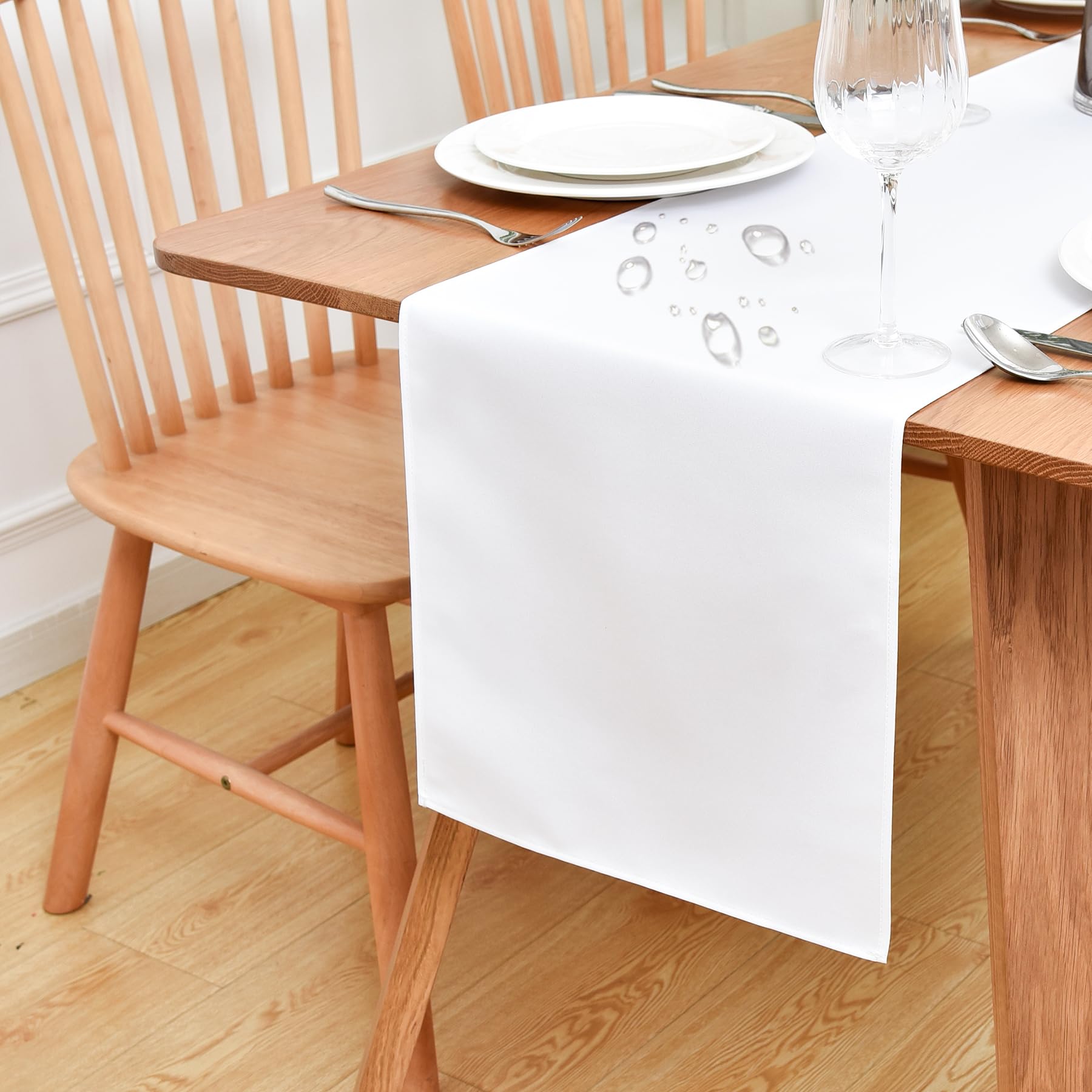 Inmerget Water Resistant Faux Linen Table Runner 33x153 cm, White