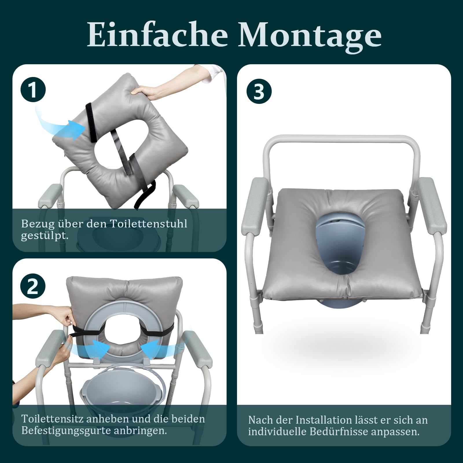 Sitzauflage für Toilettenstuhl & Duschstuhl/Komfort Toilettensitzerhöhung/Anti-Dekubitus kissen/Wärmend, waschbarer PU-Bezug, Fixiergurte - Für Senioren, Schwangere