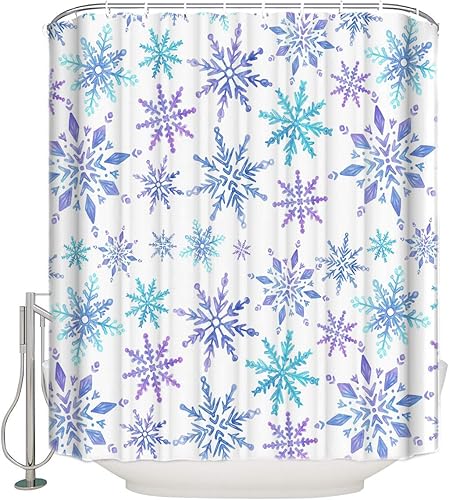 Cortina de ducha de Navidad con patrón de copo de nieve, cortinas de ducha de Navidad para decoración de baño, color azul y morado degradado para