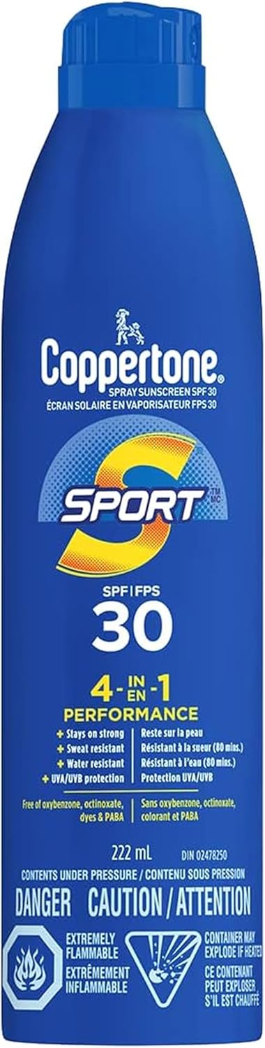 Coppertone Sport Sunscreen Spray SPF 30, 4-in-1 Performance, Sweat and Water Resistant Spray Sunscreen Broad Spectrum SPF 30 UVA/UVB Protection, Oxybenzone Free, 215mL