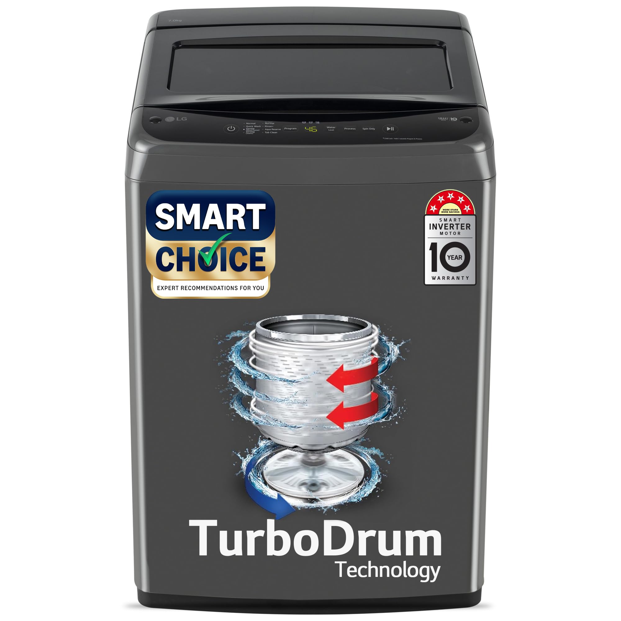 LG 7 Kg 5 Star Smart Inverter Technology Fully Automatic Top Load Washing Machine (T70VBMB1Z, Auto Prewash, Turbodrum, Stainless Steel drum, LED Display, Smart Diagnosis Middle Black)