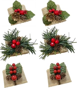 Angel Isabella Christmas Napkin Ring Holders - Set of 6 Rustic Burlap Napkin Rings with Pinecone & Berries, Festive Red & Green Holiday Table Decor for Dinner Parties