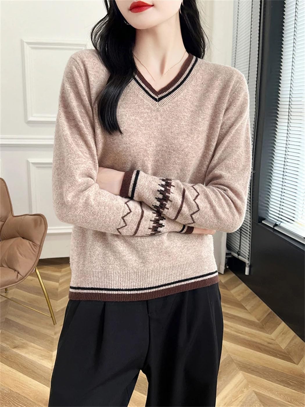 Women's Basic V-Neck Long Sleeve Sweater 100% Merino Wool Knitwear Pullover Office Soft Comfortable Tops