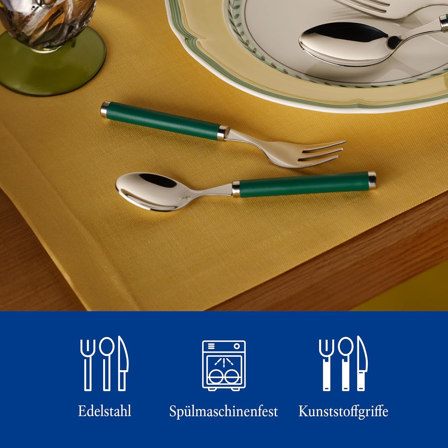 Villeroy & Boch Play Garden 30-częściowy zestaw sztućców ze stali nierdzewnej z zielonymi uchwytami z tworzywa sztucznego na 6 posiłków, nadaje się do mycia w zmywarce