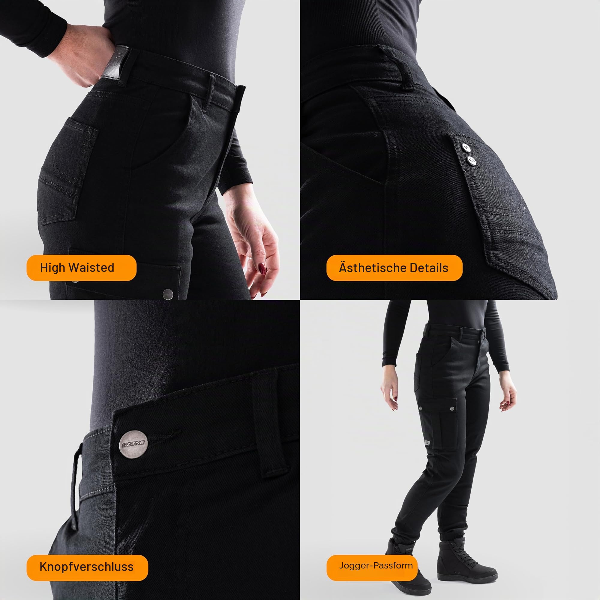OZONE MOTO Jane Lady Motorradjeans Damen | Aramidfaser Futter | Knieprotektoren Stufe 2 | Taschen für Hüft und Steißbeinprotektoren | Cargotasche | Jogger Fit