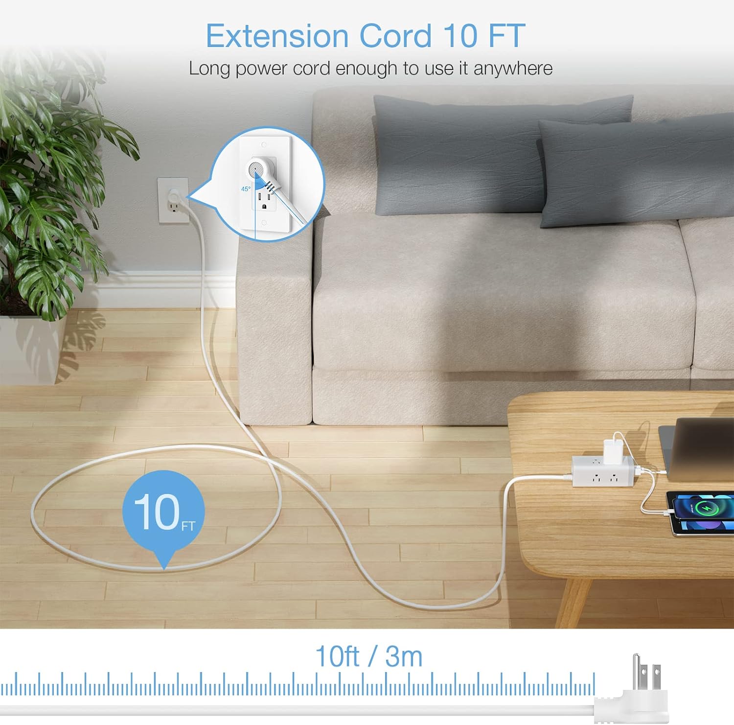 Surge Protector Power Strip 10 FT Cord, TESSAN Long Extension Cord with 6 Outlet and 3 Wall Charger, 3 Prong Flat Plug, Desk Charging Station for Home Office Supplies, Dorm Room Essentials, White