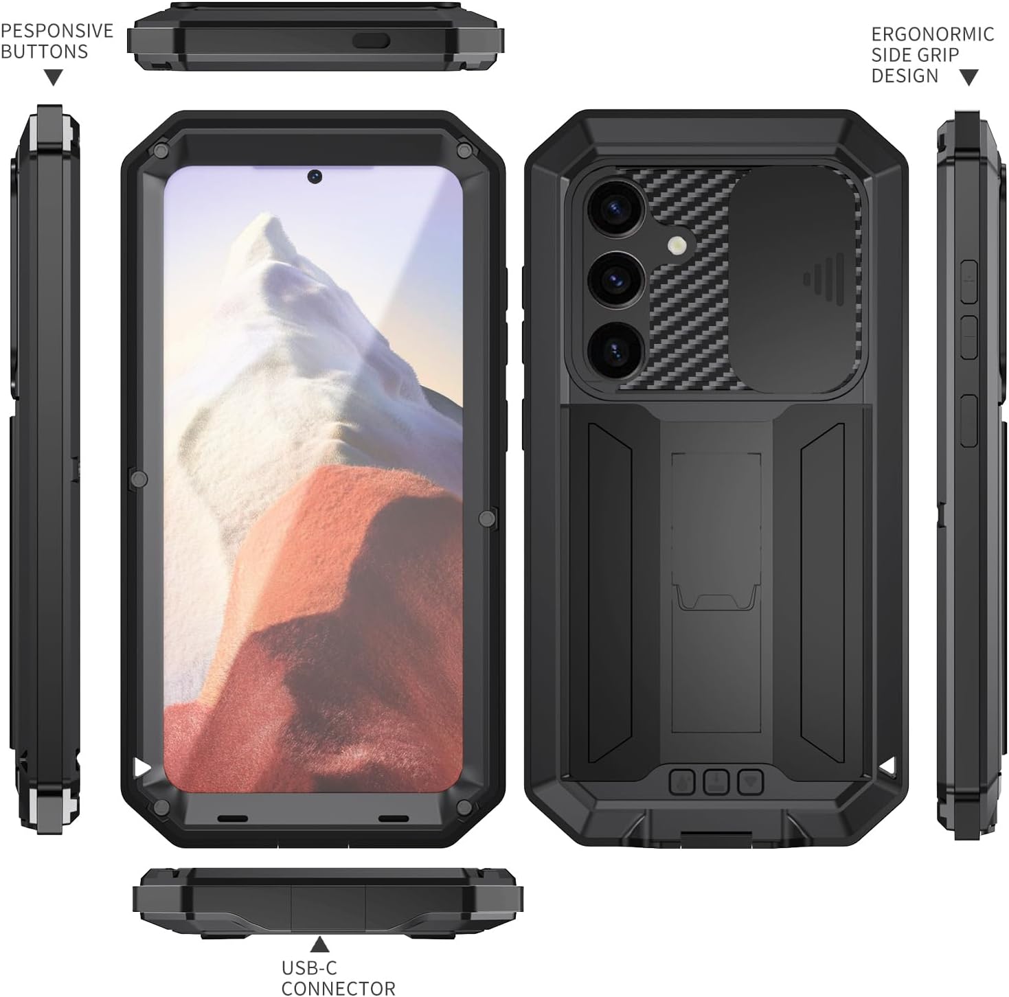 Lunivop for Samsung Galaxy S25 Case 2025 Metal Hard Phone Case para with Screen Protection and Slide Camera Cover Heavy Duty Military Grade [Note The Fingerprints Don't Work] Black
