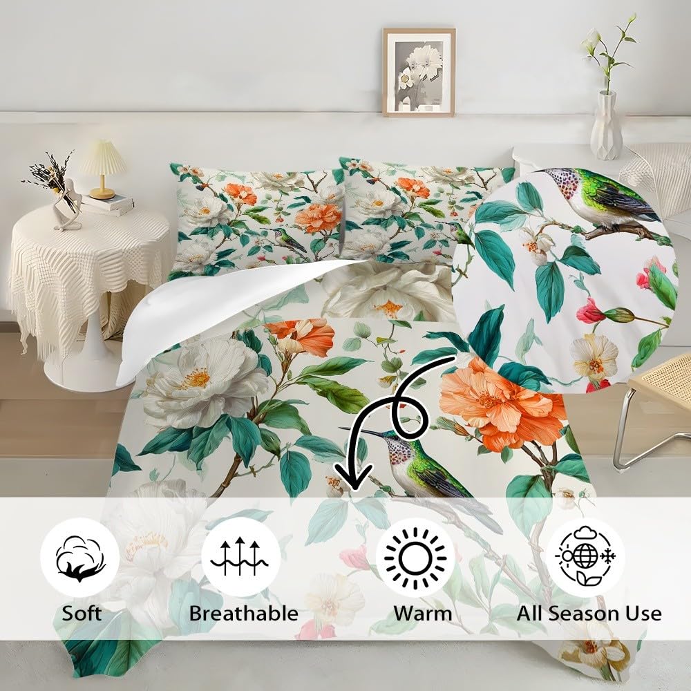 3-częściowy komplet pościeli z mikrofibry, z zamkiem błyskawicznym – retro rośliny i ptaki, żelowa, poszwa na kołdrę 240 x 220 cm i 2 poszewki na poduszkę 80 x 80 cm, biała, miękka, oddychająca poszwa