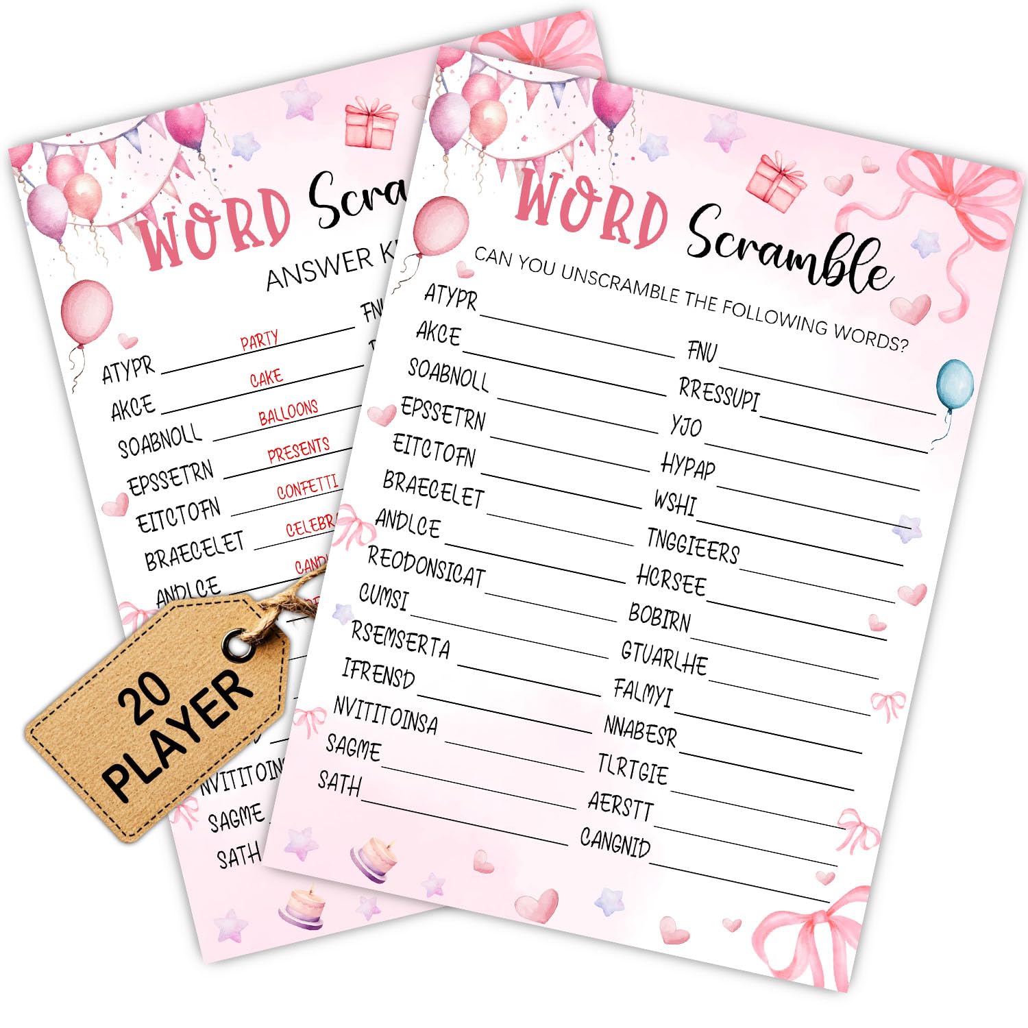 Coquette Pink Bow Themed Sleepover Slumber Party Supplies-Pink Slumber Party Games Card - Sleepover Stuff- Birthday Night Games Creative Idea -Word Scramble- 20 Game Cards and 2 Answer Key