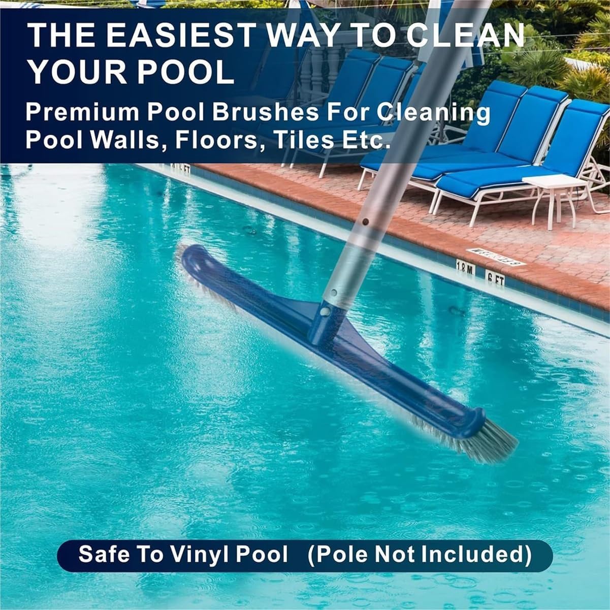 18 Inch Pool Brush with Corner Bristles + 142cm Telescopic Aluminum Pole, Heavy Duty Nylon Cleaning Brush for Swimming Pool Walls & Floors, Universal Clip(Brush White-Handle)