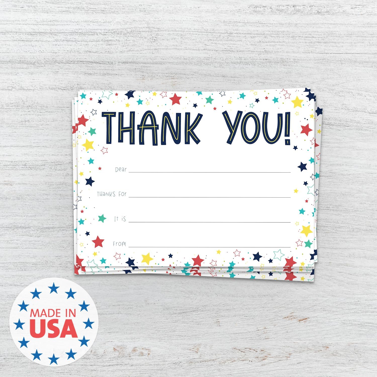 Colorful Stars Thank You Flat Cards / 20 Gender Neutral Kids Fill In Gratitude Note Cards With White Envelopes / 4 5/8" x 6 1/4" Birthday Party Thanks Appreciation Card Pack / Made In The USA