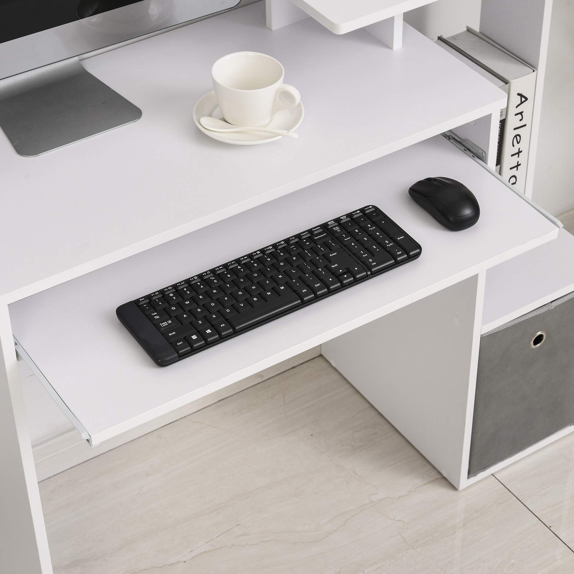 HOMCOM Scrivania Moderna per PC con Ripiano in Legno 100x40x86.6cm Bianco | Mensola Porta Tastiera, Cassetto in Tessuto