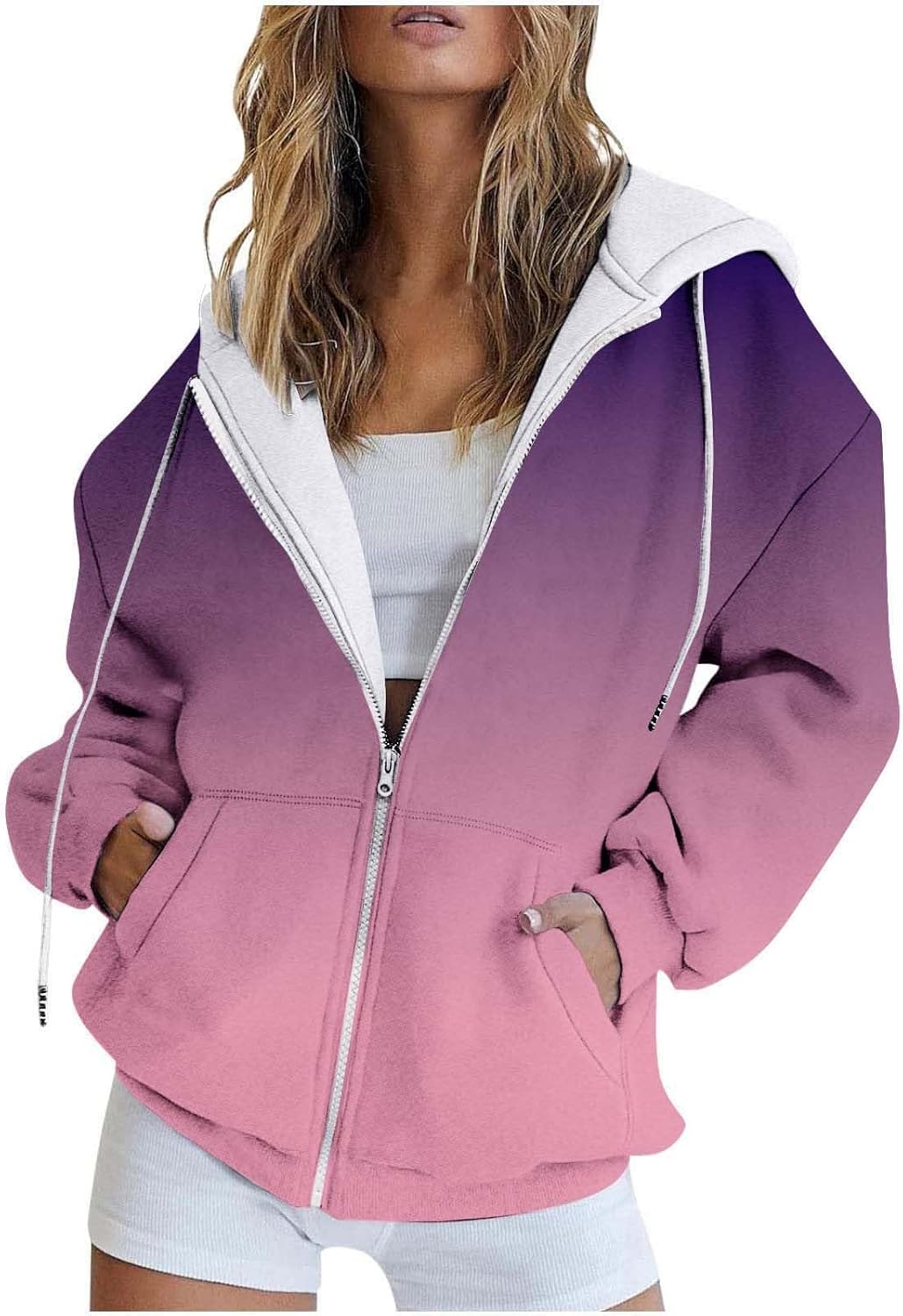 Bengbobar Long Sleeve Hoodies for Women Drawstring Hooded Neck Pullovers Zipper Track Jacket Hoodie Pocket Sweatshirt